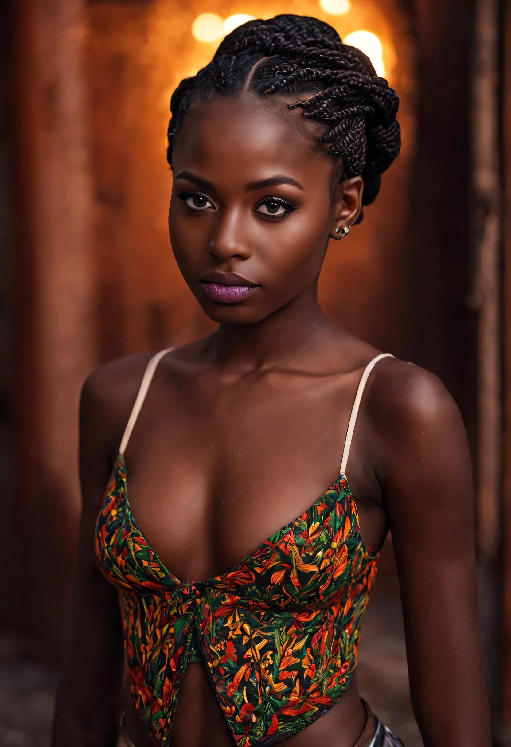 dark complexion, woman around 19 years old, braisted hair, ((Dark African skin, Very deep ebony skin)), ((Its beauty is undeniable)), ((cute excited face)), ((Hyper detailed perfect eyes,)), ((she slightly bites her lips in a sensual way)), distinctive green eyes, ((wearing purlple fitting workout)), slender and voluptuous, beautiful, candlelight in a night scene setting, green plants on the backside, ((utra thin waist)), ((voluptuous bottom)), naughty look, ultra sharp focus, realistic shot, tight fitting clothes, pastel colors (scar:1.4), High detail, Realstic, Masterpiece, absurdes, Best quality, Hdr, High quality, high-definition, Extremely detailed, 8k wallpaper, Intricate details, 8K UHD, Full-HD, (photo realist:1.2), contraste, intense illumination, lighting cinematic, natural lighting, hard light, contre-jour, Illumination globale, occlusion ambiante