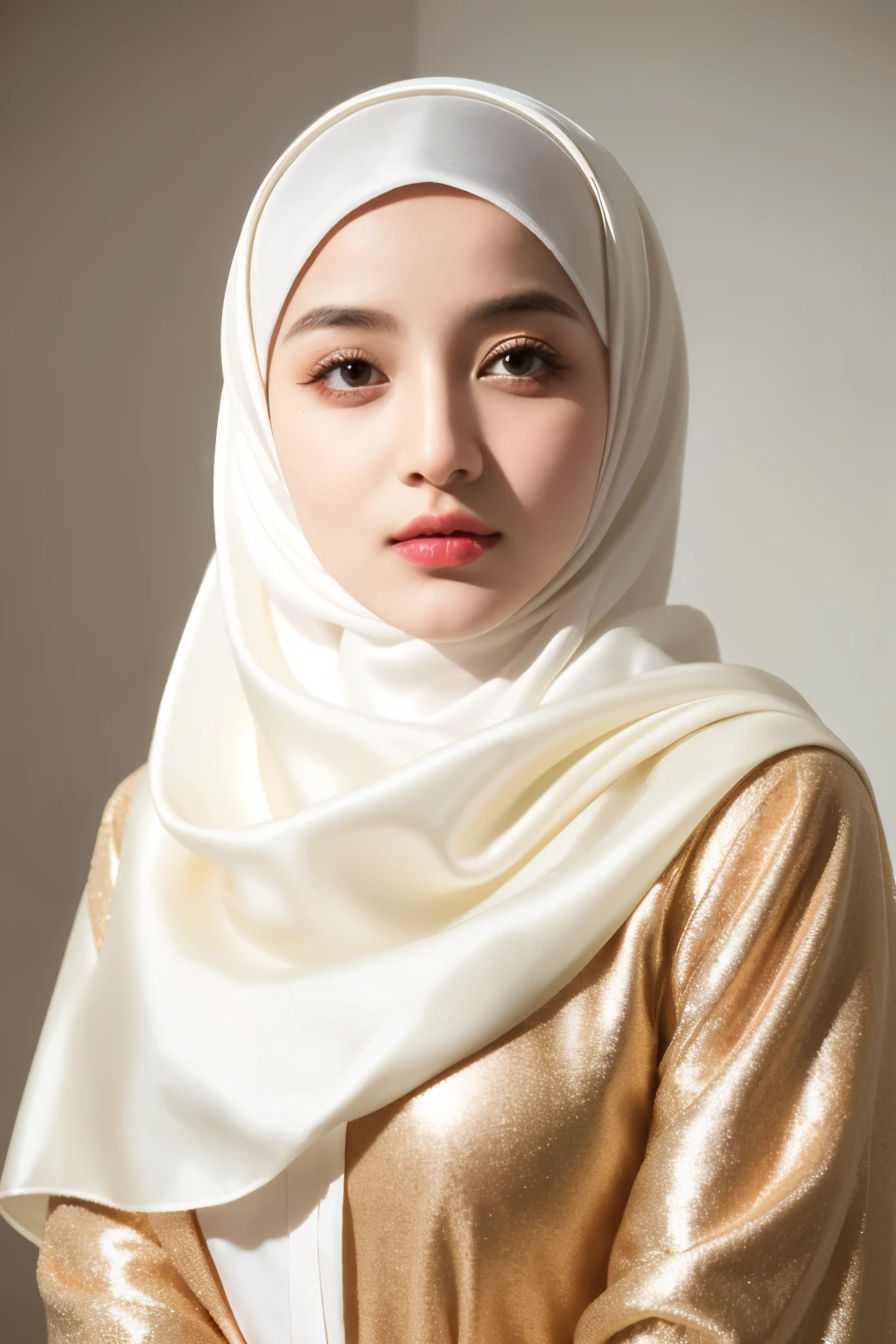 RAW photo of a 24 year old girl wearing hijab, satin abaya, satin, hijab face portrait, neutral background, 8k uhd, dslr, soft lighting, high quality, film grain, Fujifilm XT3, covered dress, decent dress