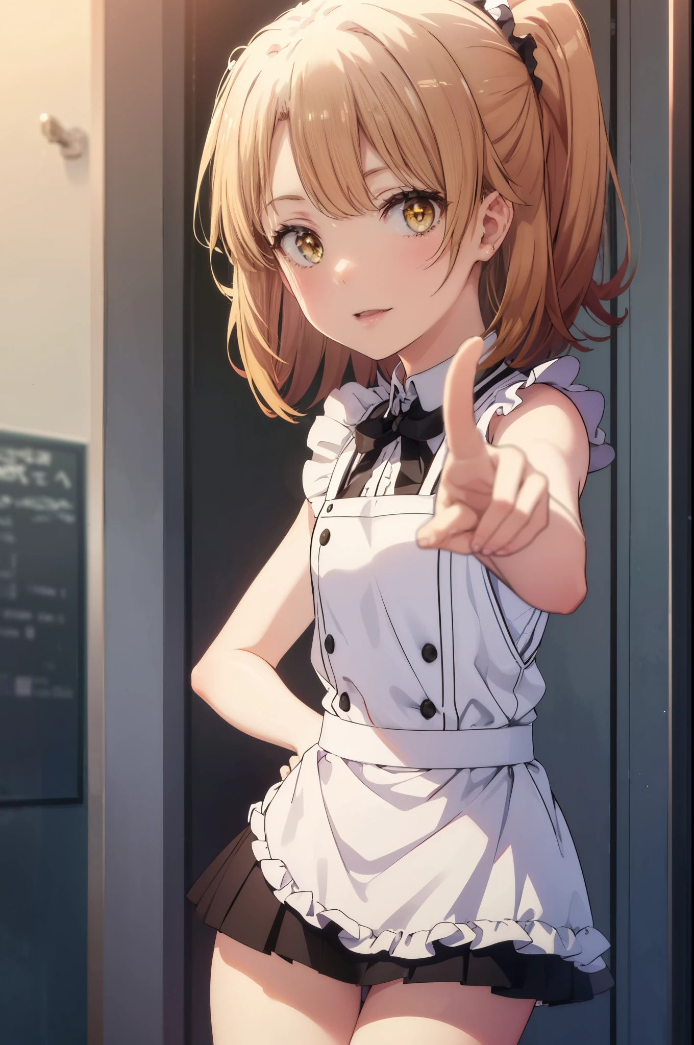 irohaisshiki, iroha isshiki, 長いhair,low ponytail, 茶hair, (brown eyes:1.5), open your mouth,smile,skirtリフト, maid headドレス,cloth, hair, skirt,  maid,He is threatening with one hand on his hip..,
break indoors, apartment living,
break looking at viewer, (cowboy shot:1. 5)、break (masterpiece:1.2), highest quality, High resolution, unity 8k wallpaper, (shape:0.8), (fine and beautiful eyes:1.6), highly detailed face, perfect lighting, Very detailed CG, (perfect hands, perfect anatomy),