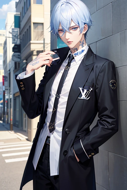 1 boy, tall, handsome, (wearing Louis Vuitton clothes), standing, Looking at his side, sharp jawline, handsome man, handsome, (White hair with blue shade), (Have Two Block X Taper Fade Haircut), black eyes, (Have a small crucifix tattoo near his eye), (have a small scar near his lip), Windbreaker_Joker, no abnormality, manhwa character, character_Joker, anime, Manhwa_type_Boy, (((((Standing Inside of a fighting club))))), full body, Muscular Cutting body, not bulky, Beautiful lightning