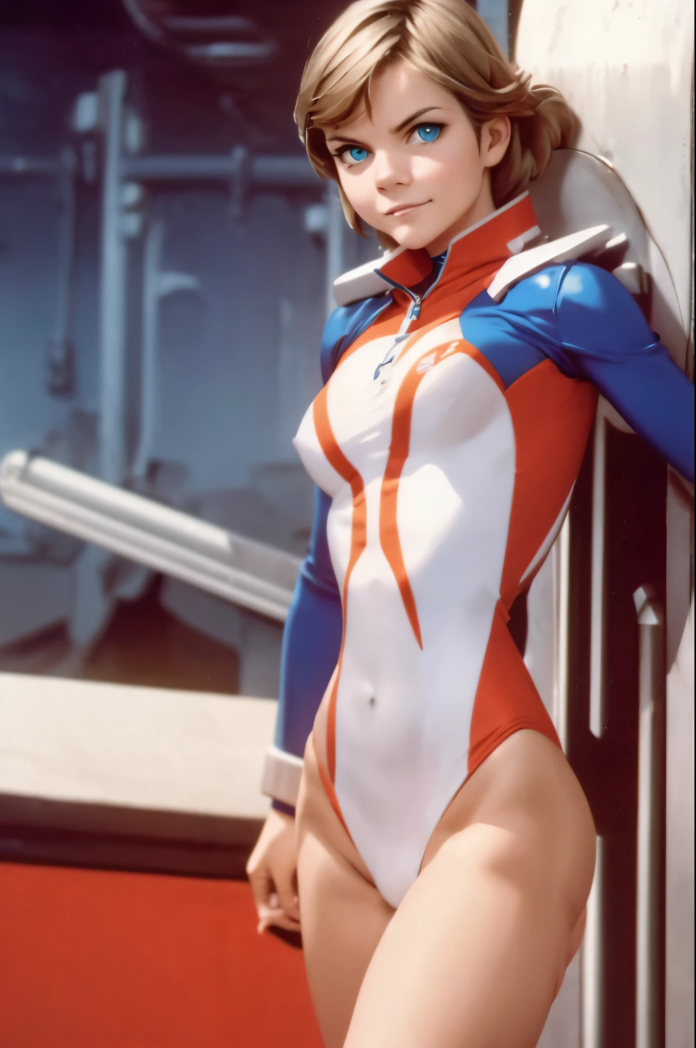 (Masterpiece, Best Quality, Highest Resolution, distinct_image): (Solo, full body figure, small breasts, sparkling blue colored eyes, pilot suit in red and white color, tight fit clothes, clothes covering the whole body, beauty, vivacious, lovely, slim body, exoskeleton, gundam pilot) Alisa Selezneva