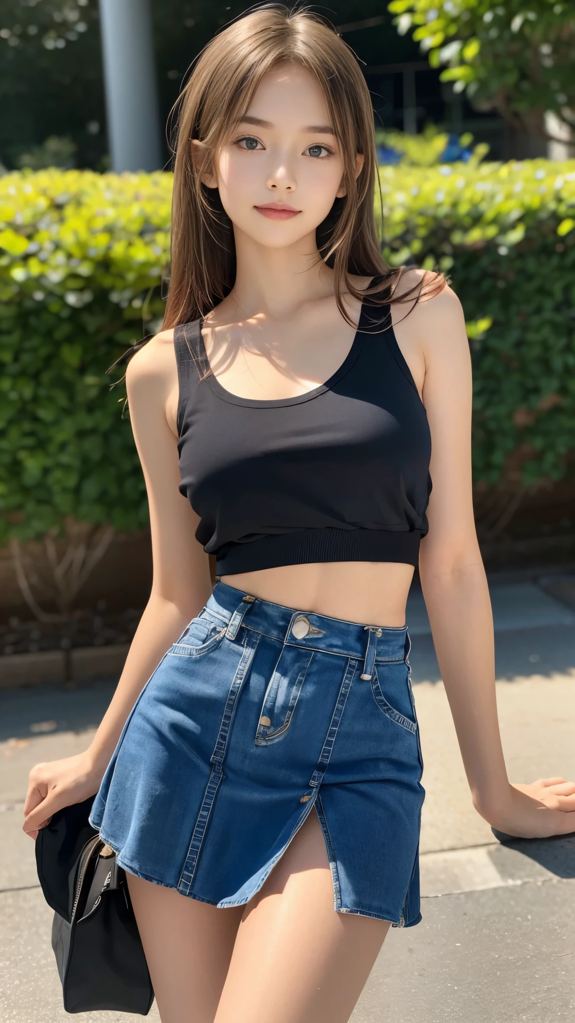 18-year-old, adorable, japanese girl, 15 years old, portrait ,Tank top((mini skirt))、Thighs Thighs Nose:1.1),   , (high color saturation,catch light:1.0),  (highly detailed skin), (highest quality:1.0), (Super high resolution:1.0) ,(photo-realistic:1.0), (super detailed:1.0), (8K, RAW photo:1.1),( smile:0.8),looking at the viewer,big breasts