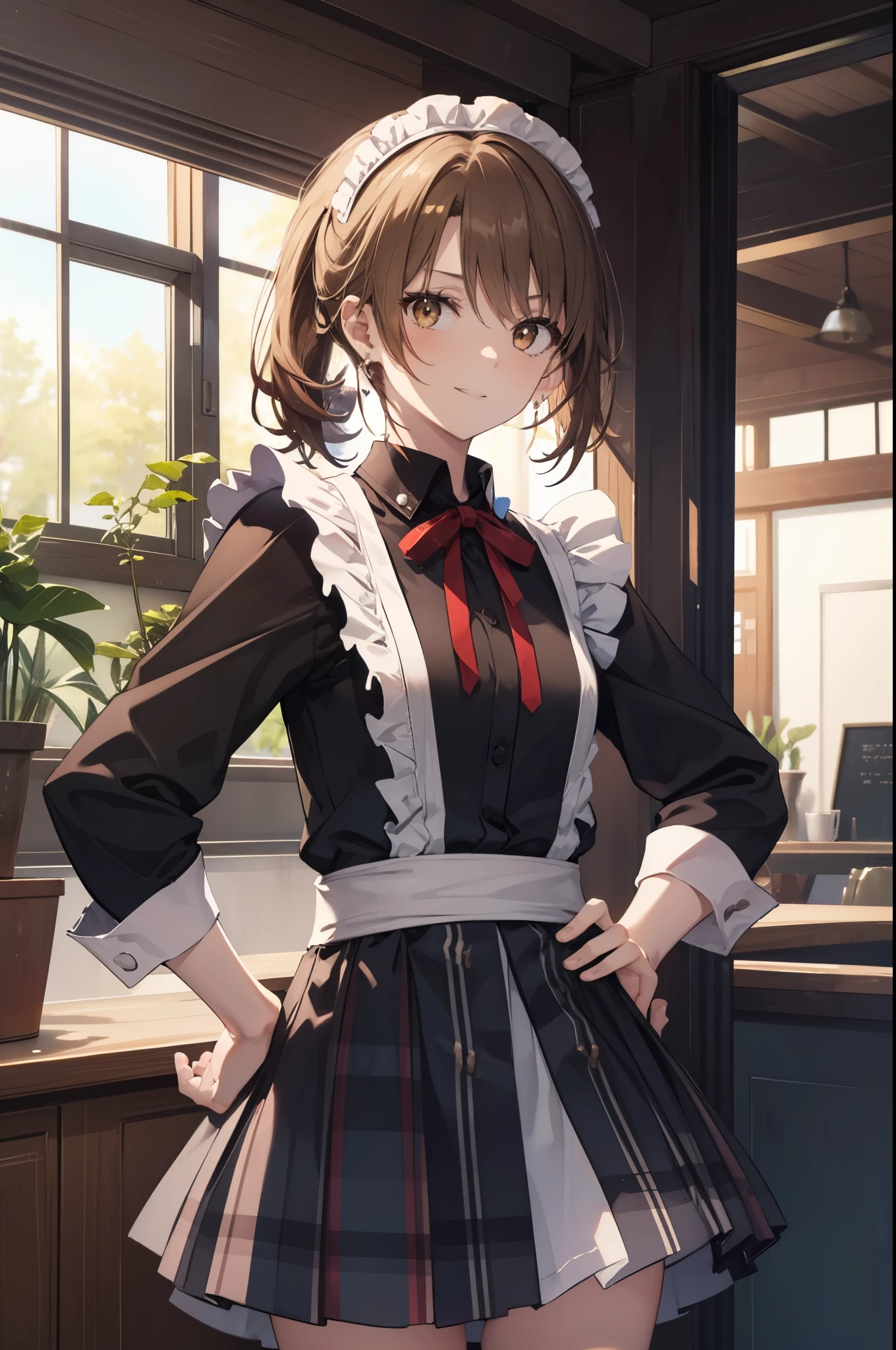 irohaisshiki, iroha isshiki, 長いhair,low ponytail, 薄い茶hair, (brown eyes:1.5), open your mouth,smile,skirtリフト, maid headドレス,cloth, hair, skirt, maid,He is threatening with one hand on his hip..,
break indoors, apartment living,
break looking at viewer, (cowboy shot:1. 5)、break (masterpiece:1.2), highest quality, High resolution, unity 8k wallpaper, (shape:0.8), (fine and beautiful eyes:1.6), highly detailed face, perfect lighting, Very detailed CG, (perfect hands, perfect anatomy),