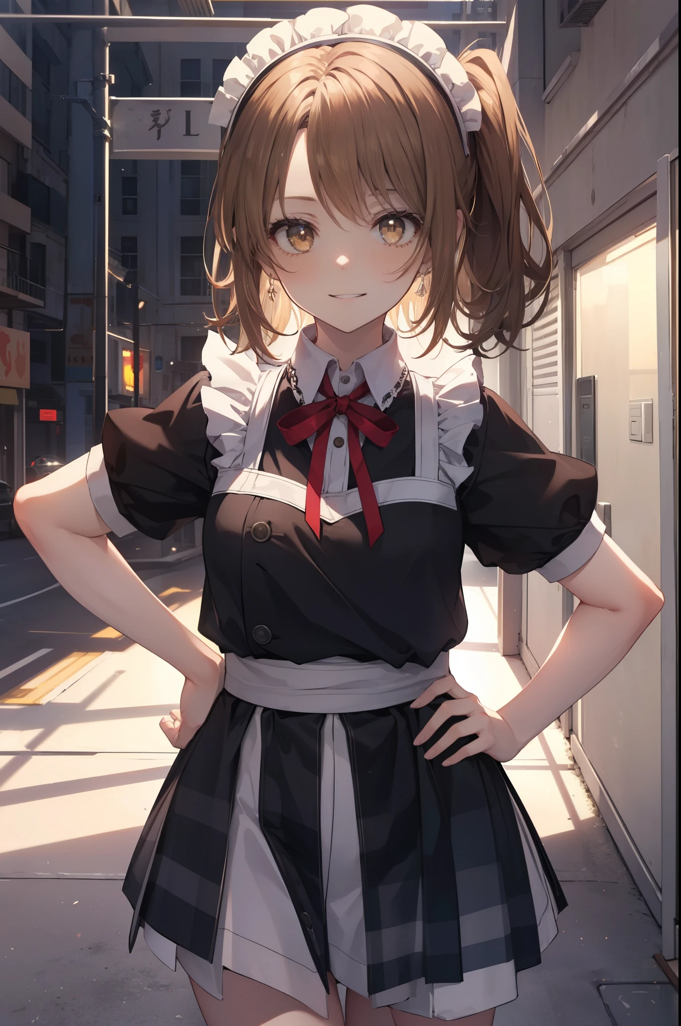 irohaisshiki, iroha isshiki, 長いhair,low ponytail, 薄い茶hair, (brown eyes:1.5), close your mouth,smile,skirtリフト, maid headドレス,cloth, hair, skirt, maid,walking,
break outdoors, In town,ビル街
break looking at viewer, (cowboy shot:1. 5)、break (masterpiece:1.2), highest quality, High resolution, unity 8k wallpaper, (shape:0.8), (fine and beautiful eyes:1.6), highly detailed face, perfect lighting, Very detailed CG, (perfect hands, perfect anatomy),