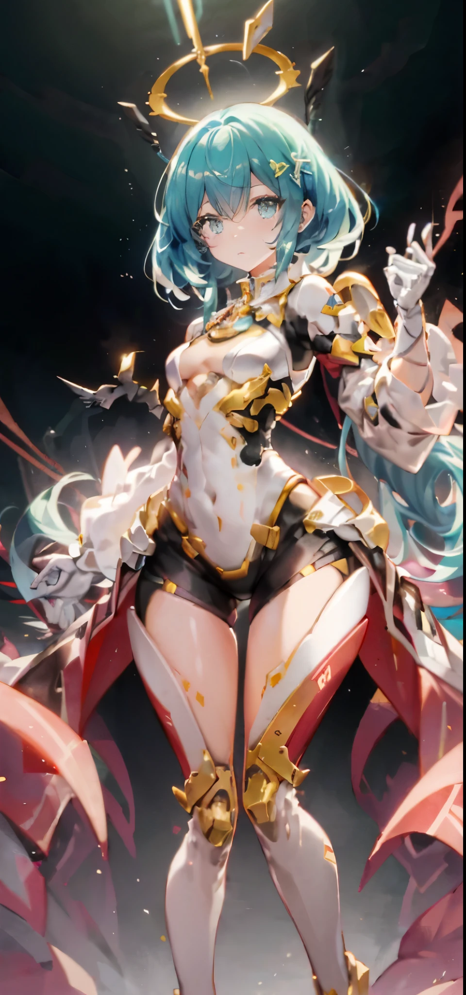 Anime star magic girl, magic , anime goddess, Wear a tailored dress, (((looking at camera)), There is a halo floating above the head, wings spread, facial details, Halo and wings detail, detailed art, pastel colors, Natural light, View from the front, ultra high definition, Very detailed, center, watercolor,small breasts,open navel,Showing thighs,camel toe,((whole body)),White background