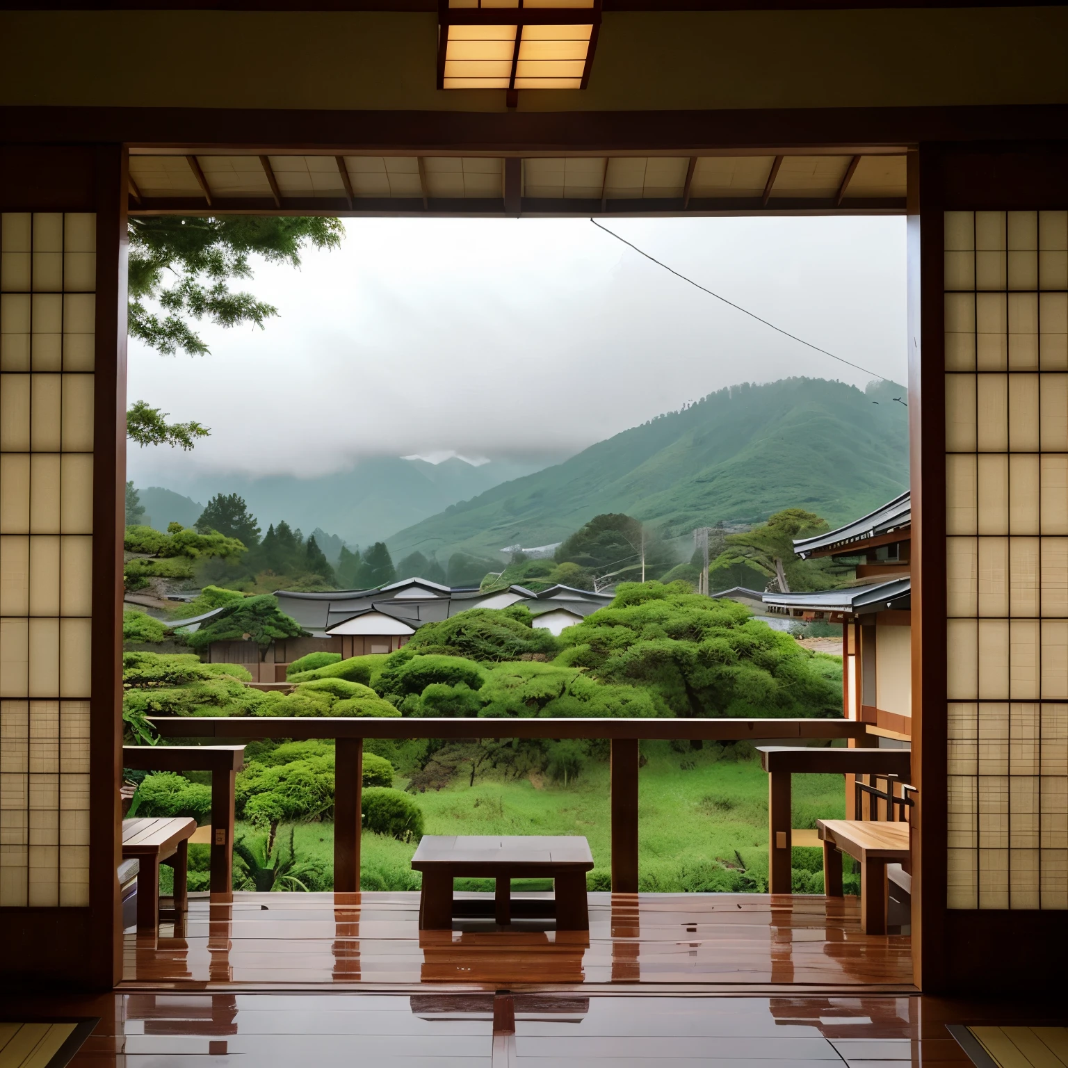 View of the rain from a Japanese-style room