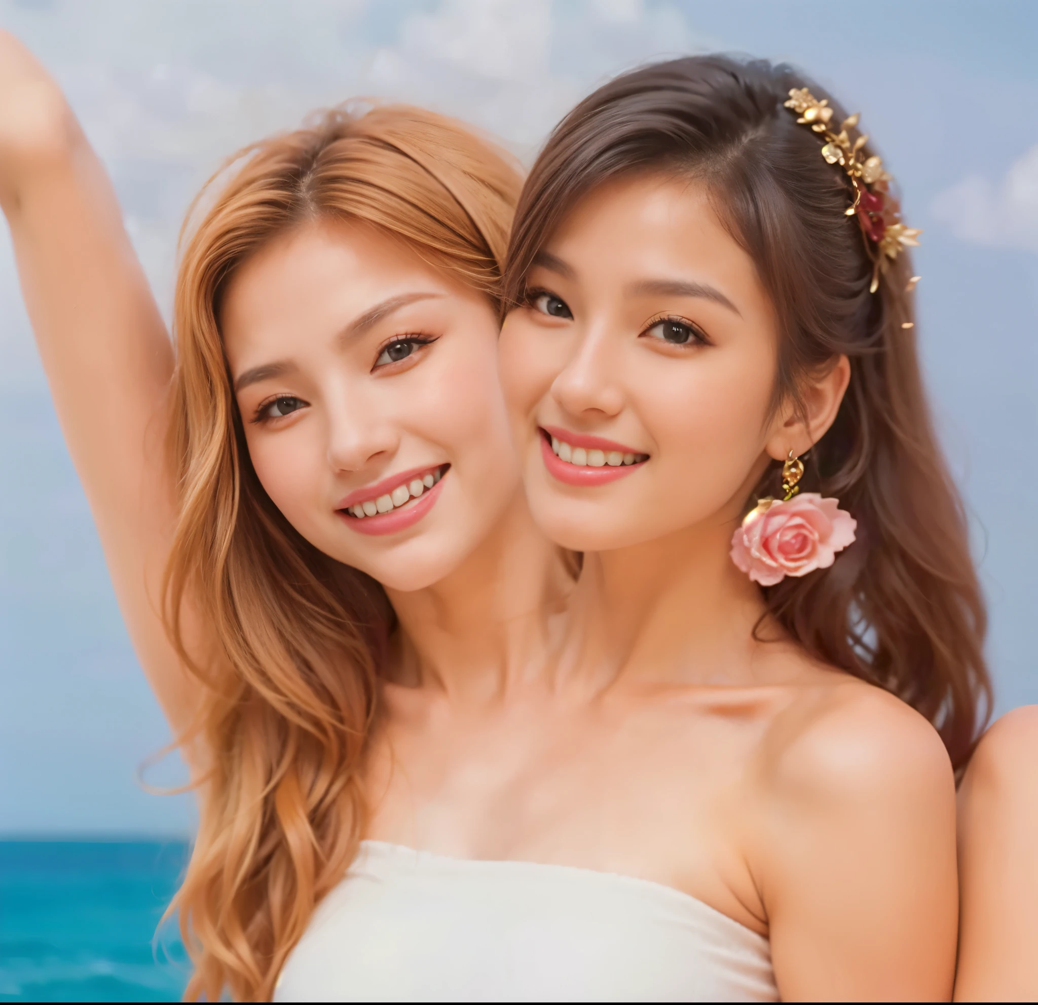 ((Best Quality, 8K, Masterpiece:1.3)), Sharp: 1.2, Perfect Body Beauty: 1.4, Slim Abs: 1.2, ((Brown Hairstyle, Big Breasts: 1.1)), (Beach, Sea: 1.3), Wedding dress with exquisite details, smile, 2 beauties, standing on the beach, delicate tiara, delicate necklace, sun on the face,