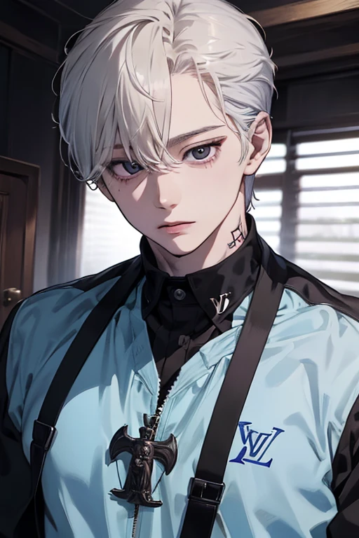 1 boy, tall, handsome, (wearing Louis Vuitton clothes), standing, Looking at his side, sharp jawline, handsome man, handsome, (White hair with blue shade), (Have Two Block X Taper Fade Haircut), black eyes, (Have a small crucifix tattoo near his eye), (have a small scar near his lip), Windbreaker_Joker, no abnormality, manhwa character, character_Joker, anime, Manhwa_type_Boy, (((((Standing Inside of a fighting club))))), full body, Muscular Cutting body, not bulky, Beautiful lightning