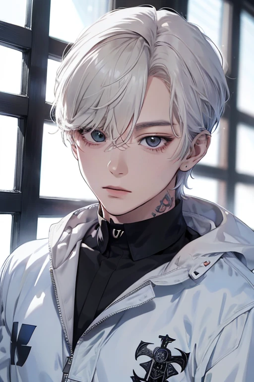 1 boy, tall, handsome, (wearing Louis Vuitton clothes), standing, Looking at his side, sharp jawline, handsome man, handsome, (White hair with blue shade), (Have Two Block X Taper Fade Haircut), black eyes, (Have a small crucifix tattoo near his eye), (have a small scar near his lip), Windbreaker_Joker, no abnormality, manhwa character, character_Joker, anime, Manhwa_type_Boy, (Sabbath Crew), Windbreaker manhwa characterLora