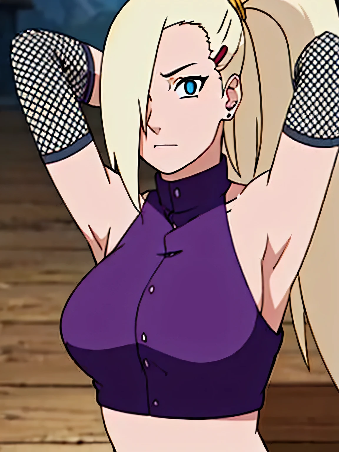 ino yamanaka, ino shippuden, armpits, showing armpits, arms behind head, posing, hair over one eye, high ponytail, blue eyes, masterpiece, solo, 1girl, sleeveless, purple crop top, fishnets, bare shoulders, upper body, looking_at_viewer, both armpits visible