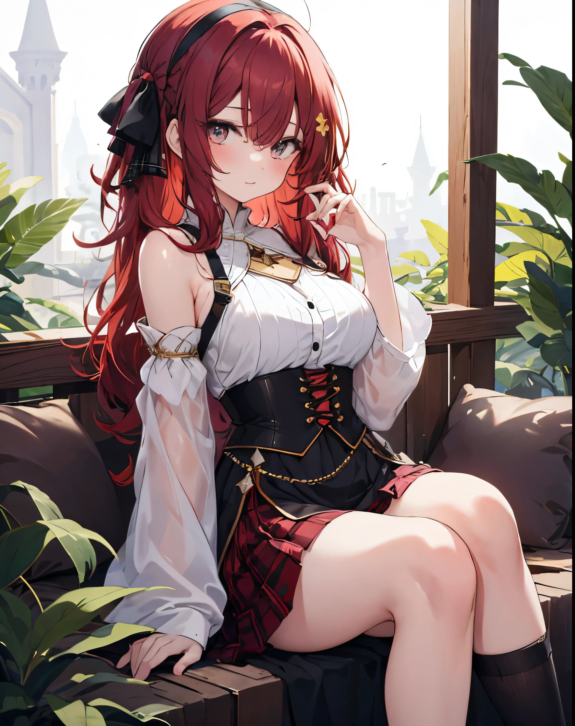 masterpiece,1girl, sparrow, a crimson haired girl, wearing a medieval arabian villager clothes, curly medium hair, messy hair, black skirt, slim body, medium breasts, she close her left eye, shirt ornament, lolippai, hair ribbon, innocent face, beautiful breasts, rounded breasts, zamrud eyes, pleated skirt, plaid skirt, she sit in the oasis, white bando