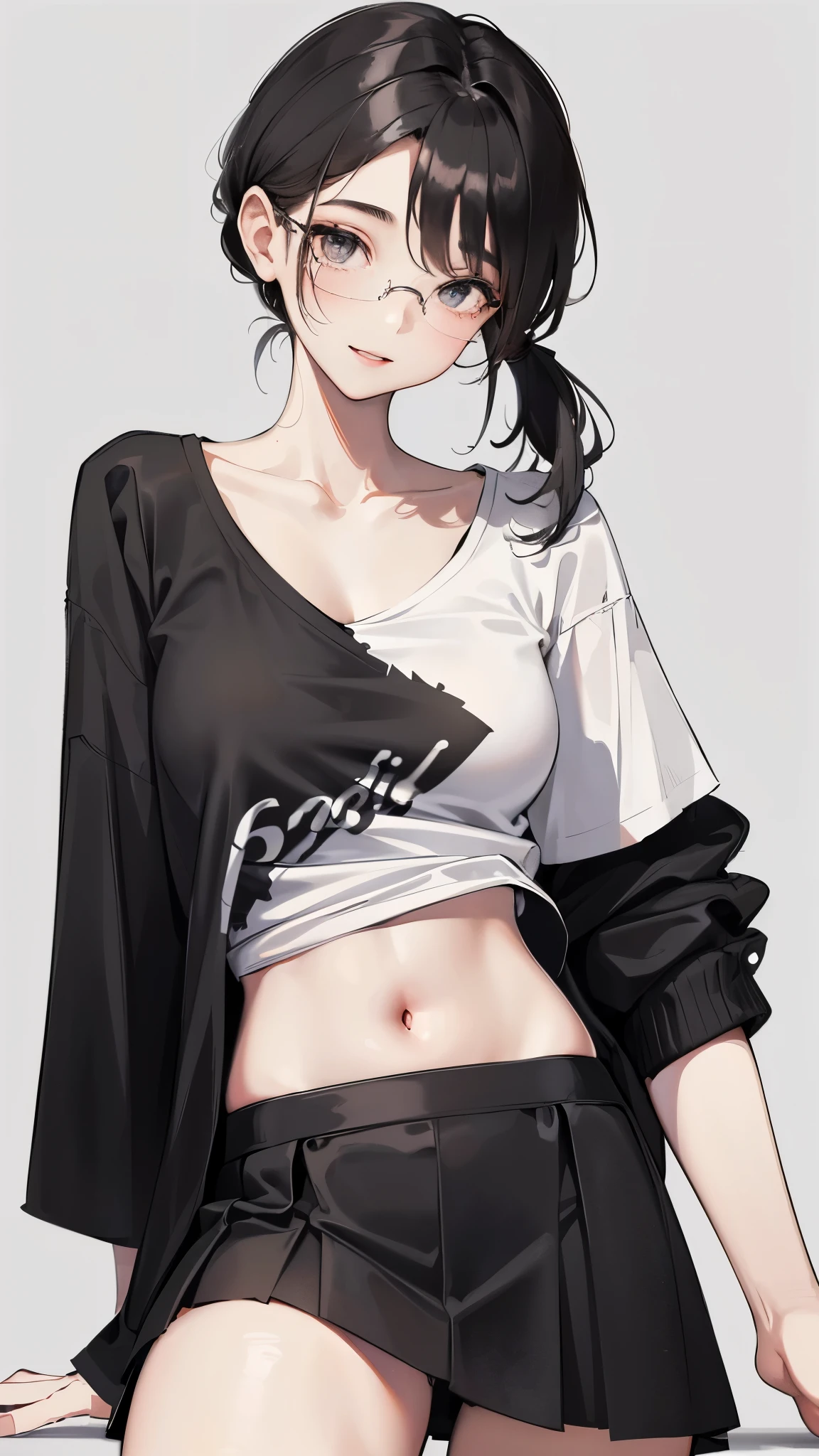 1 female,,black hair,beautiful low ponytail hairstyle, (Miniskirt and large plain white T-shirt, (under bust:1.2), short sleeve, natural smile,,frameless eyeglasses,(slouch)