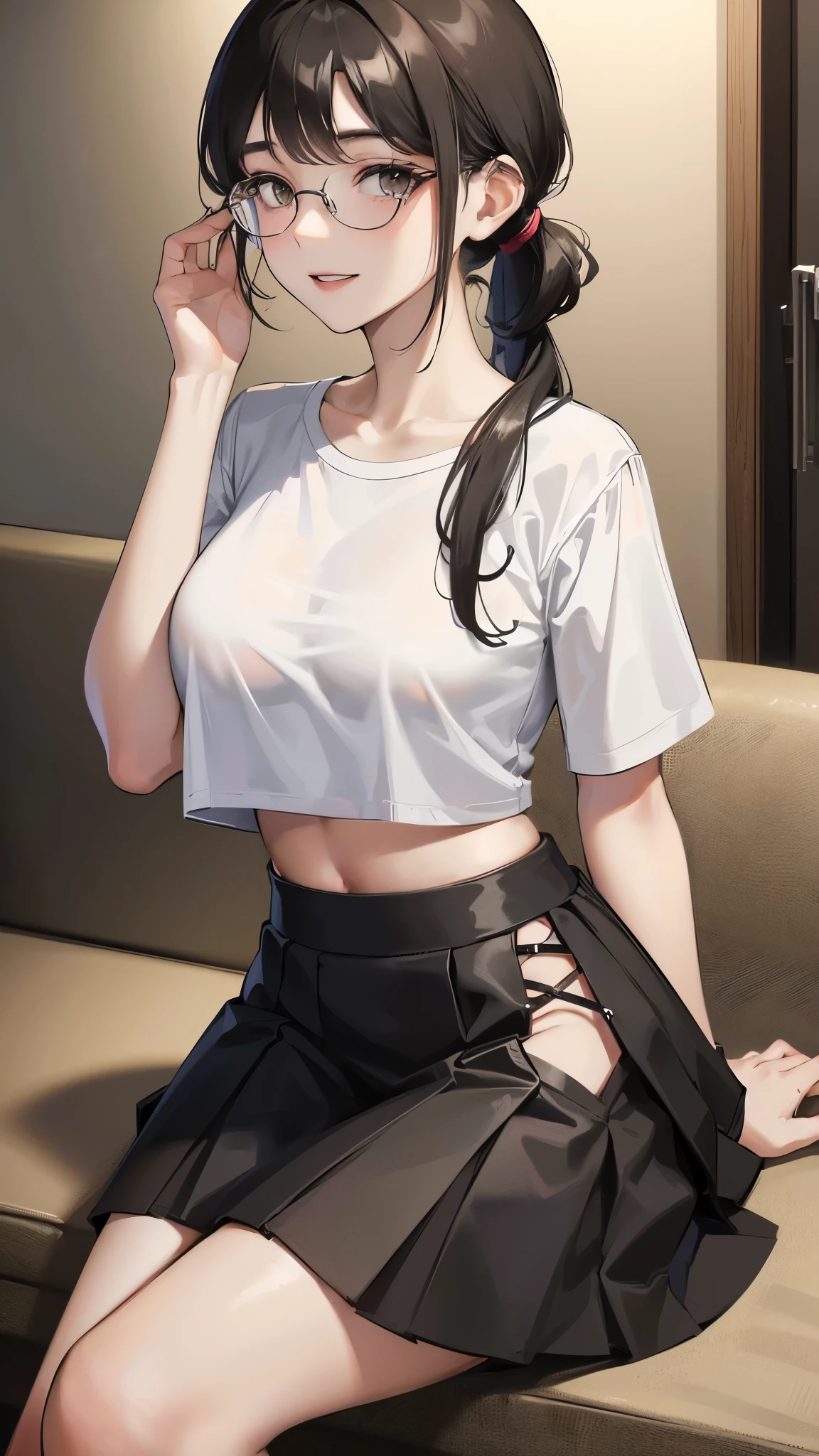 1 female,,black hair,beautiful low ponytail hairstyle, (Miniskirt and large plain white T-shirt, (under bust:1.2), short sleeve, natural smile,,frameless eyeglasses,(slouch)