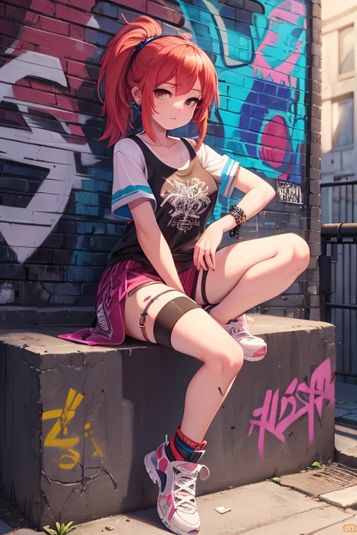 One Girl In A Back Alley、(Super Detail)、(8K)、((Hip Hop Fashion))、(graffiti wall)、(full body Esbian)、(hyperdetailed face)、(Detailed feet)、(Detailed hand)、(Cool Face)、(sitting with knees arised)、(Put your hands on your knees)