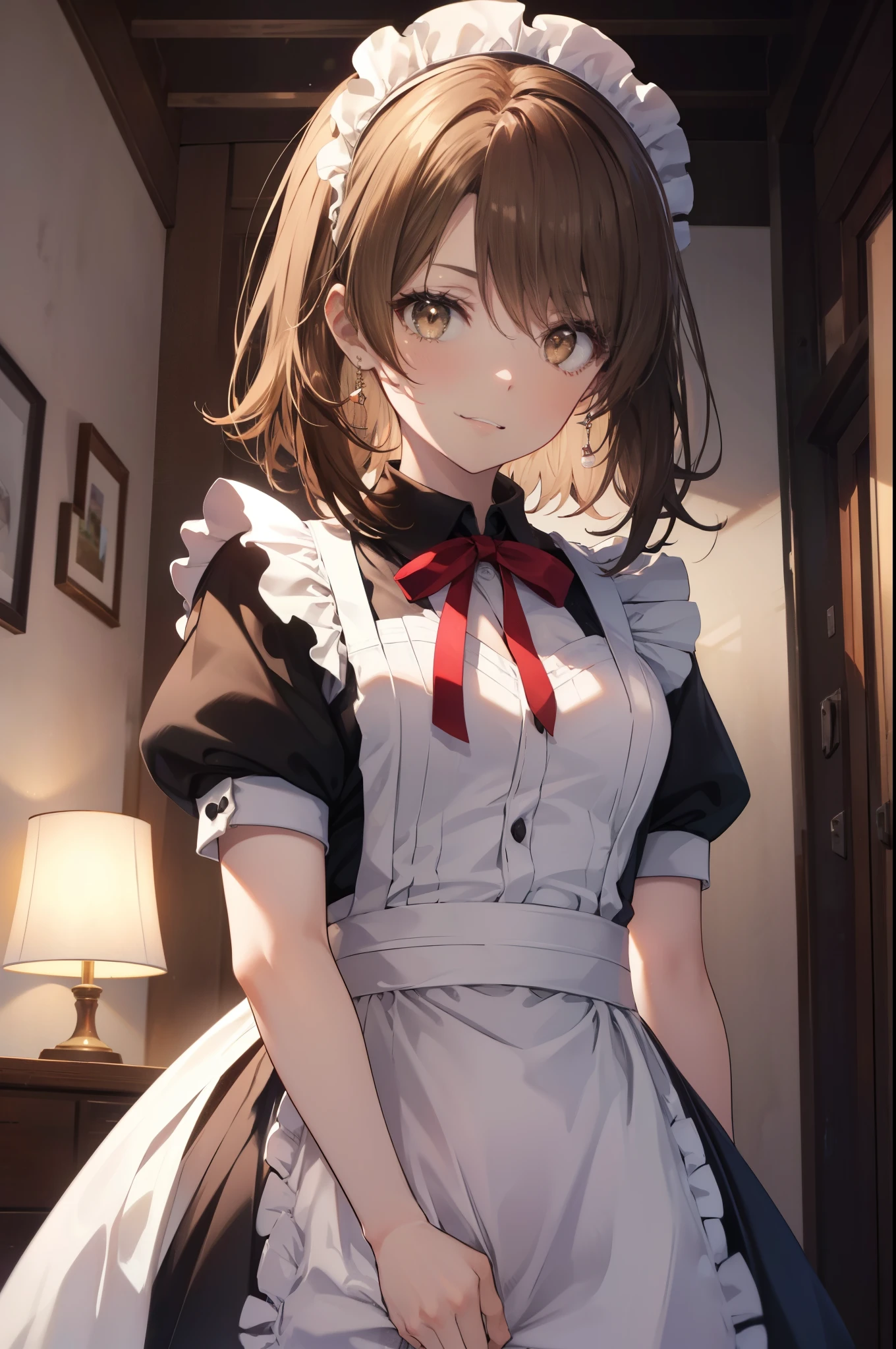 irohaisshiki, iroha isshiki, 長いhair,low ponytail, 薄い茶hair, (brown eyes:1.5), open your mouth,smile,skirtリフト, maid headドレス,cloth, hair, skirt, maid,He is threatening with his hands on his hips.,
break indoors, apartment living,
break looking at viewer, (cowboy shot:1. 5)、break (masterpiece:1.2), highest quality, High resolution, unity 8k wallpaper, (shape:0.8), (fine and beautiful eyes:1.6), highly detailed face, perfect lighting, Very detailed CG, (perfect hands, perfect anatomy),
