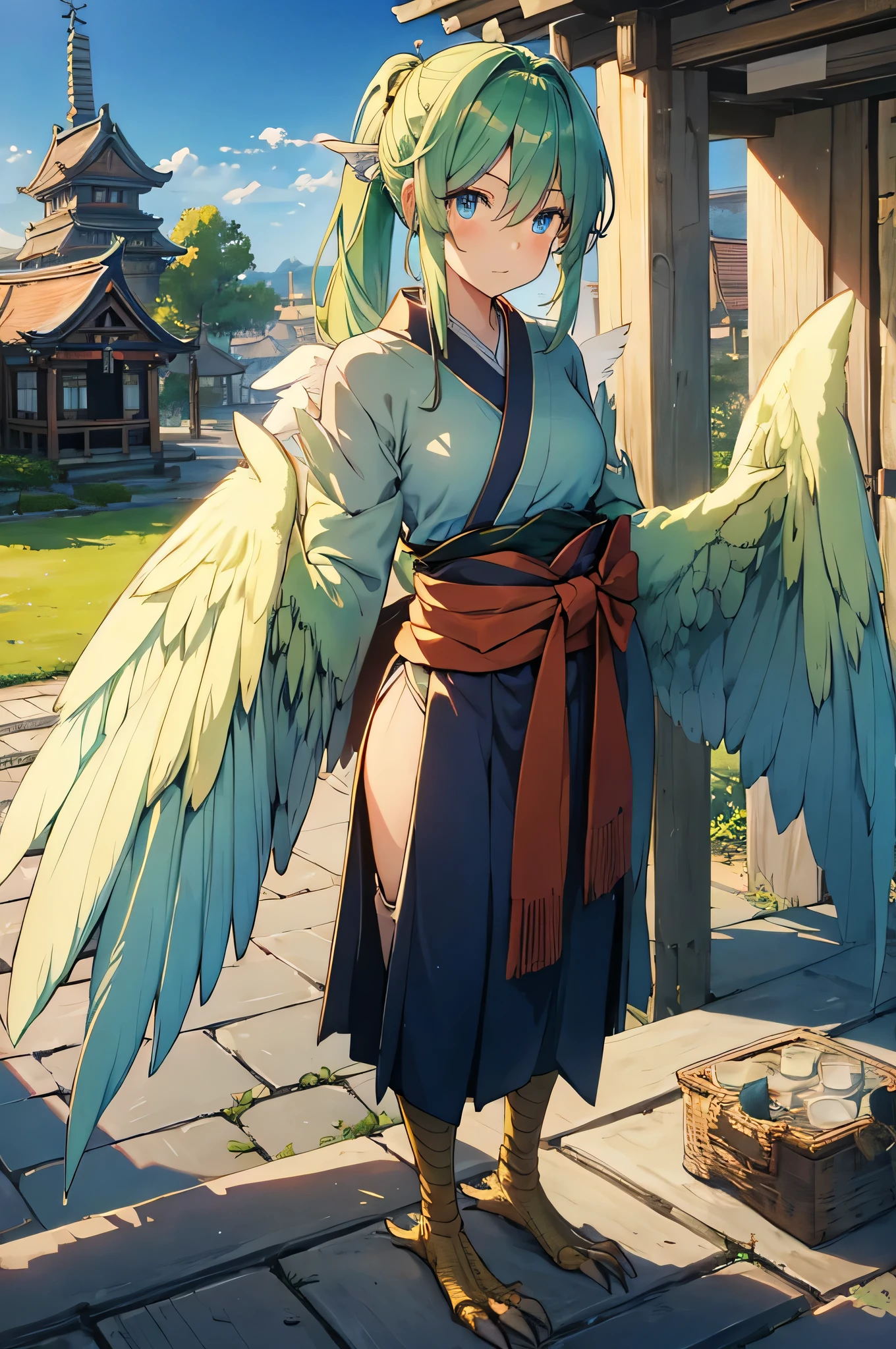 4k,High resolution,one woman,harpy,green hair,short ponytail,blue eyes,white wings,golden toenails,shrine maiden,shrine maiden服,medieval town