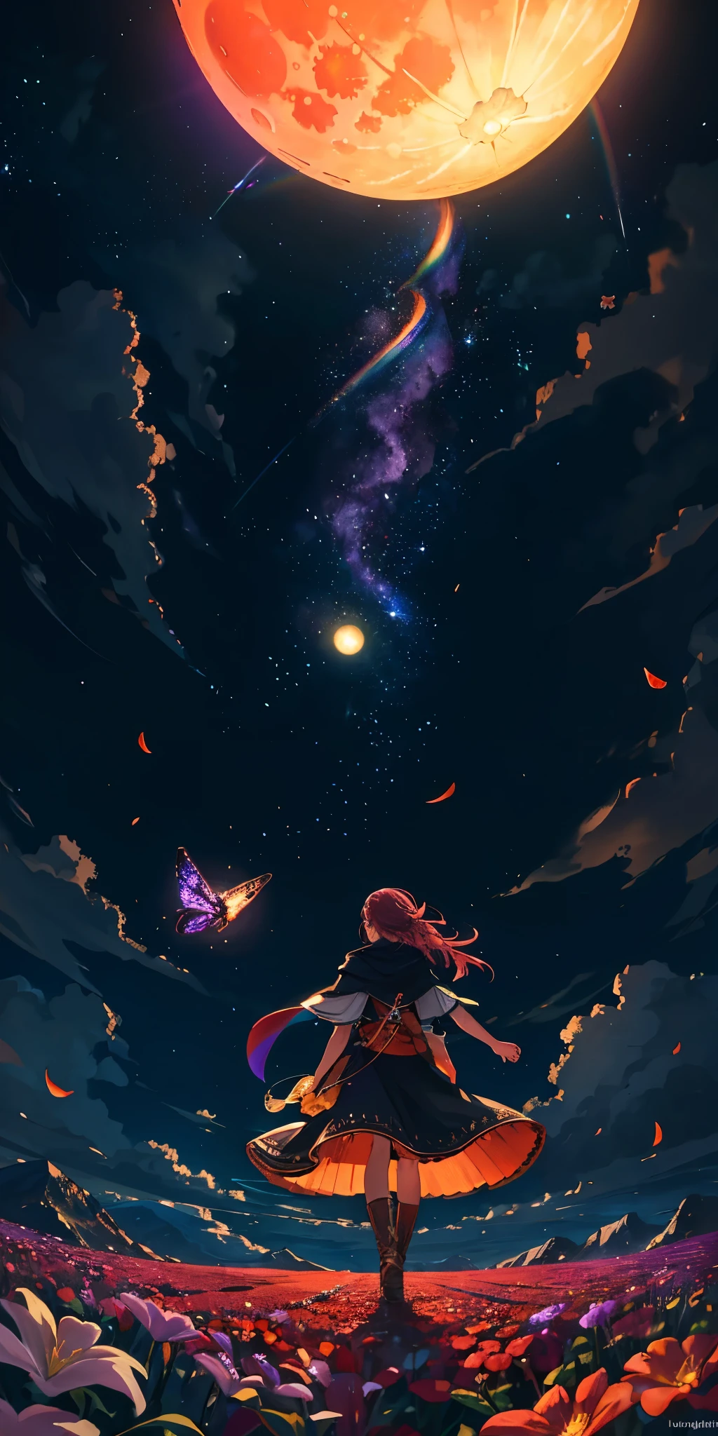 vast landscape photography, (seen from below, the sky is above、the fields are below), A girl standing in a flower field and looking up, (full moon: 1.2), (meteor: 0.9), (nebula: 1.3), distant mountain々 , tree BREAK craft art, (warm light: 1.2), (fire Fly: 1.2), light, lots of purple and orange, intricate details, volume lighting, Realism BREAK (masterpiece: 1.2), (highest quality), 4k, super detailed, (dynamic composition: 1.4), very detailed, colorful details, (Rainbow-colored: 1.2), (glow lighting, atmosphere lighting), dream-like, Magic, (alone: 1.2)