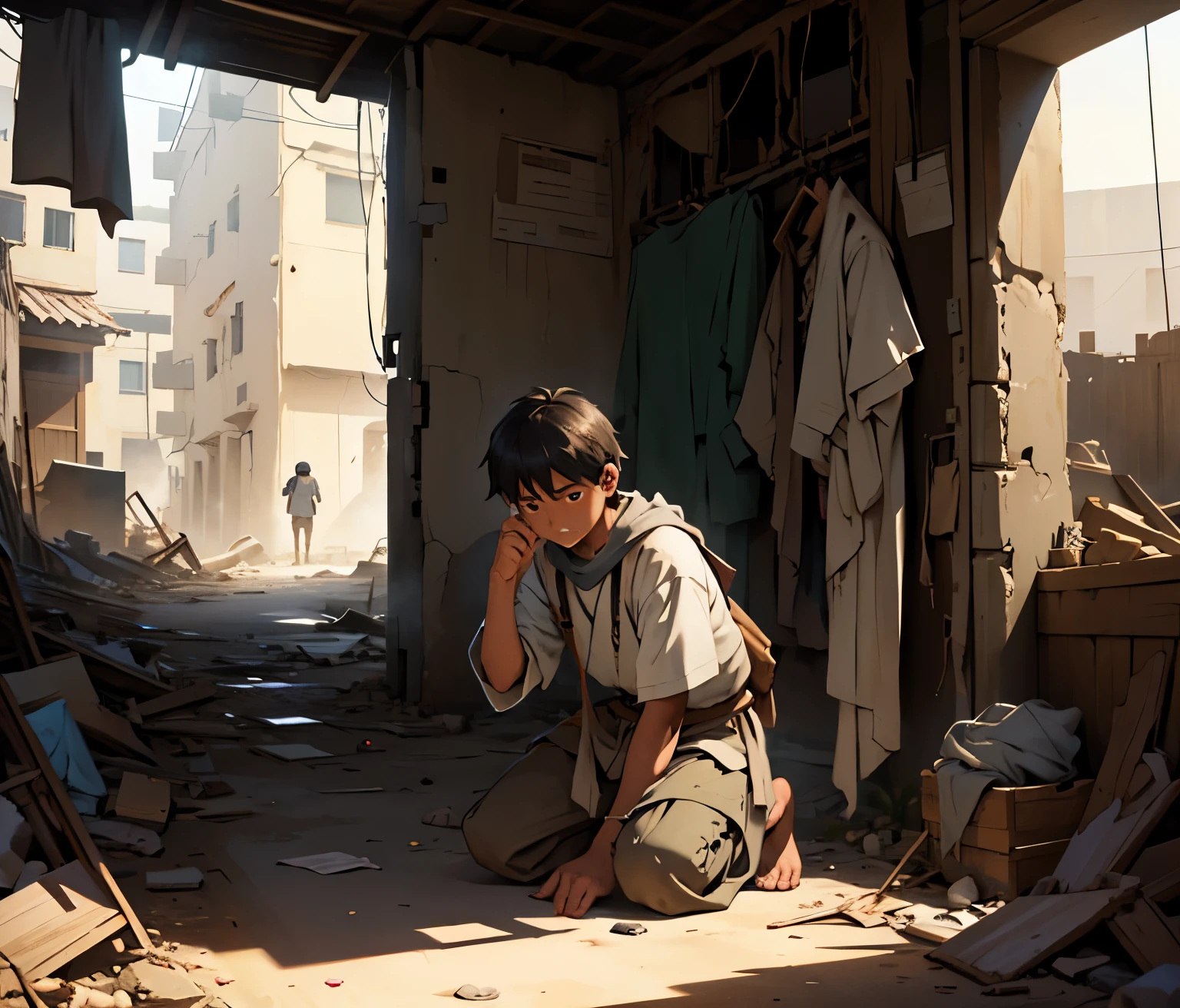There is only one child, the is from Arabia, 6 years old, abandoned in the streets, his clothes are dirty, he is hungry, he is kneeling on the floor of a poor city in ruins.