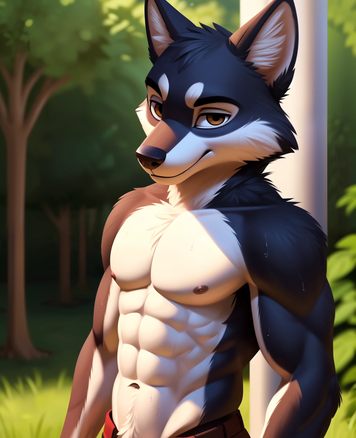 (by qupostuv35:1.2),close-up face,male,standing, (Detailed face), (solo:1.1), ((anthro, humanoid)), [(thin:1.1) : small  : (wolf):4], (Detailed face, ripped abs, sweating), (more details, detailed background:1.1), (anthropomorphic legs, anthropomorphic hands:1.1),In a garden, (top:1.1),looking at viewer