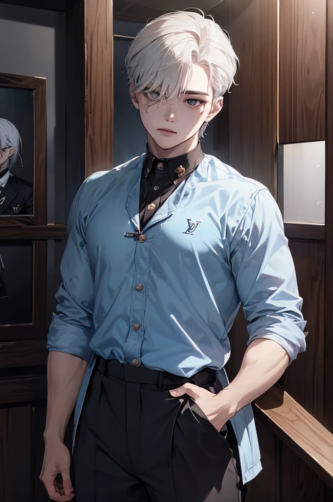 1 boy, tall, handsome, (wearing Louis Vuitton clothes), standing, Looking at his side, sharp jawline, handsome man, handsome, (White hair with blue shade), (Have Two Block X Taper Fade Haircut), black eyes, (Have a small crucifix tattoo near his eye), (have a small scar near his lip), Windbreaker_Joker, no abnormality, manhwa character, character_Joker, anime, Manhwa_type_Boy, (((((Standing Inside of a fighting club))))), full body, Muscular Cutting body, not bulky, Beautiful lightning