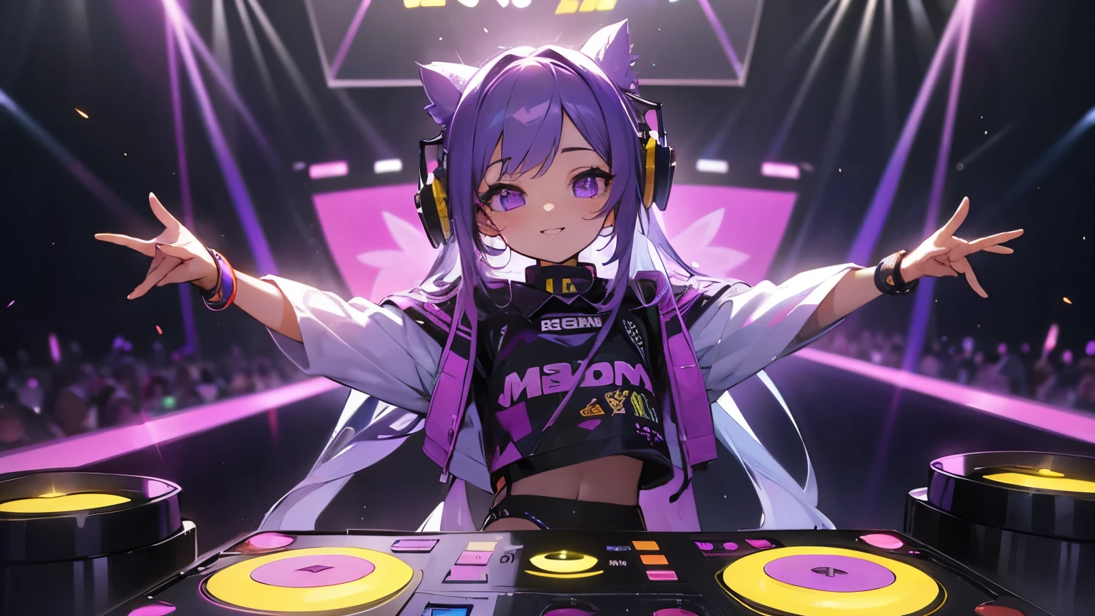 cute girl DJ at EDM festivals, purple, yellow, glitter, masterpiece