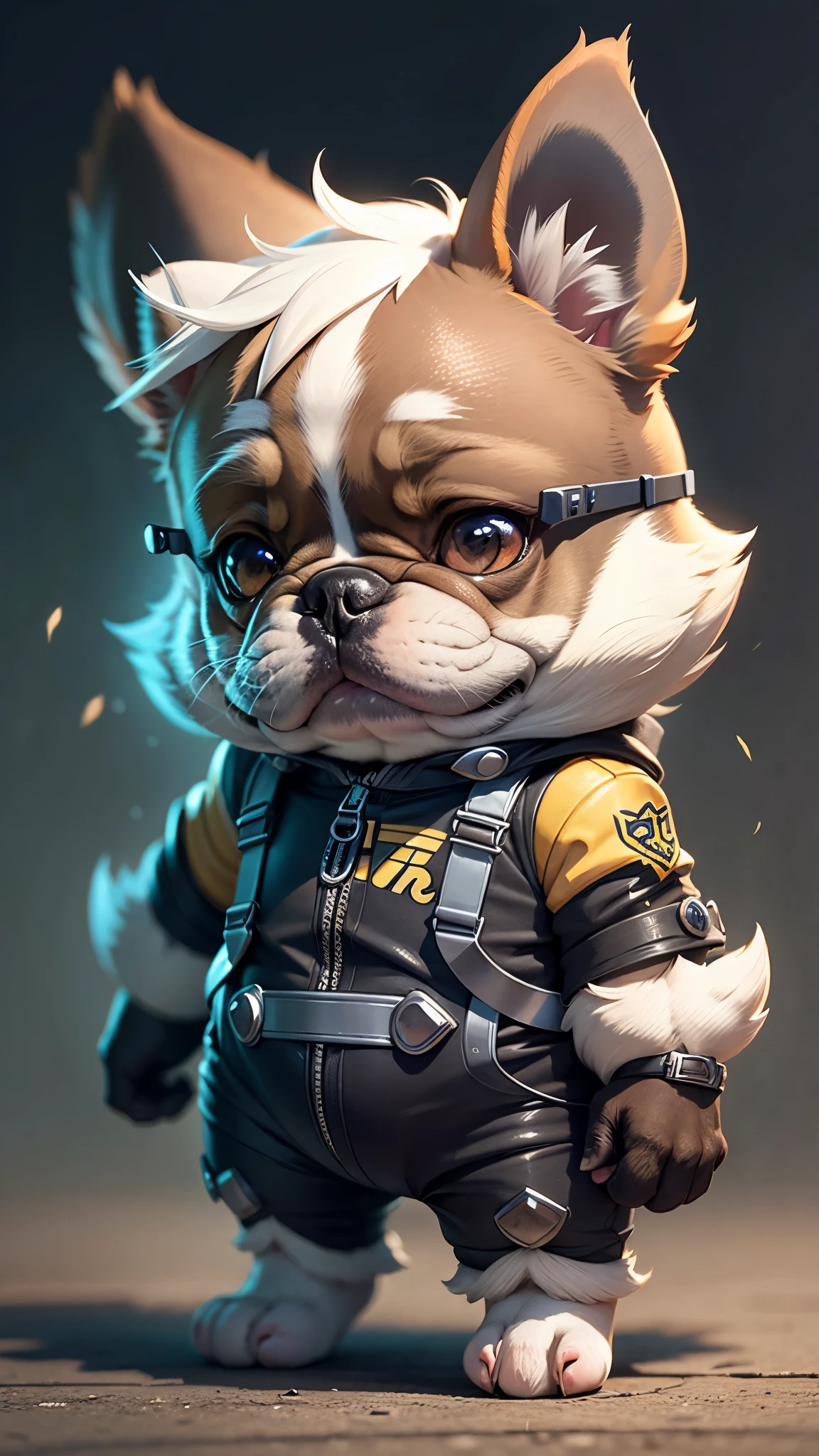 C4tt4stic,Cartoon french bulldog dog wearing iron bodysuit(Appearance characteristics of the French bulldog、body hair is white