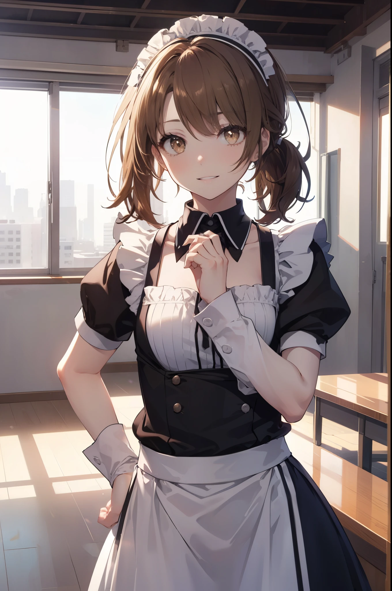 irohaisshiki, iroha isshiki, 長いhair,low ponytail, 薄い茶hair, (brown eyes:1.5), open your mouth,smile,skirtリフト, maid headドレス,cloth, hair, skirt, maid,He is threatening with his hands on his hips.,
break indoors, apartment living,
break looking at viewer, (cowboy shot:1. 5)、break (masterpiece:1.2), highest quality, High resolution, unity 8k wallpaper, (shape:0.8), (fine and beautiful eyes:1.6), highly detailed face, perfect lighting, Very detailed CG, (perfect hands, perfect anatomy),