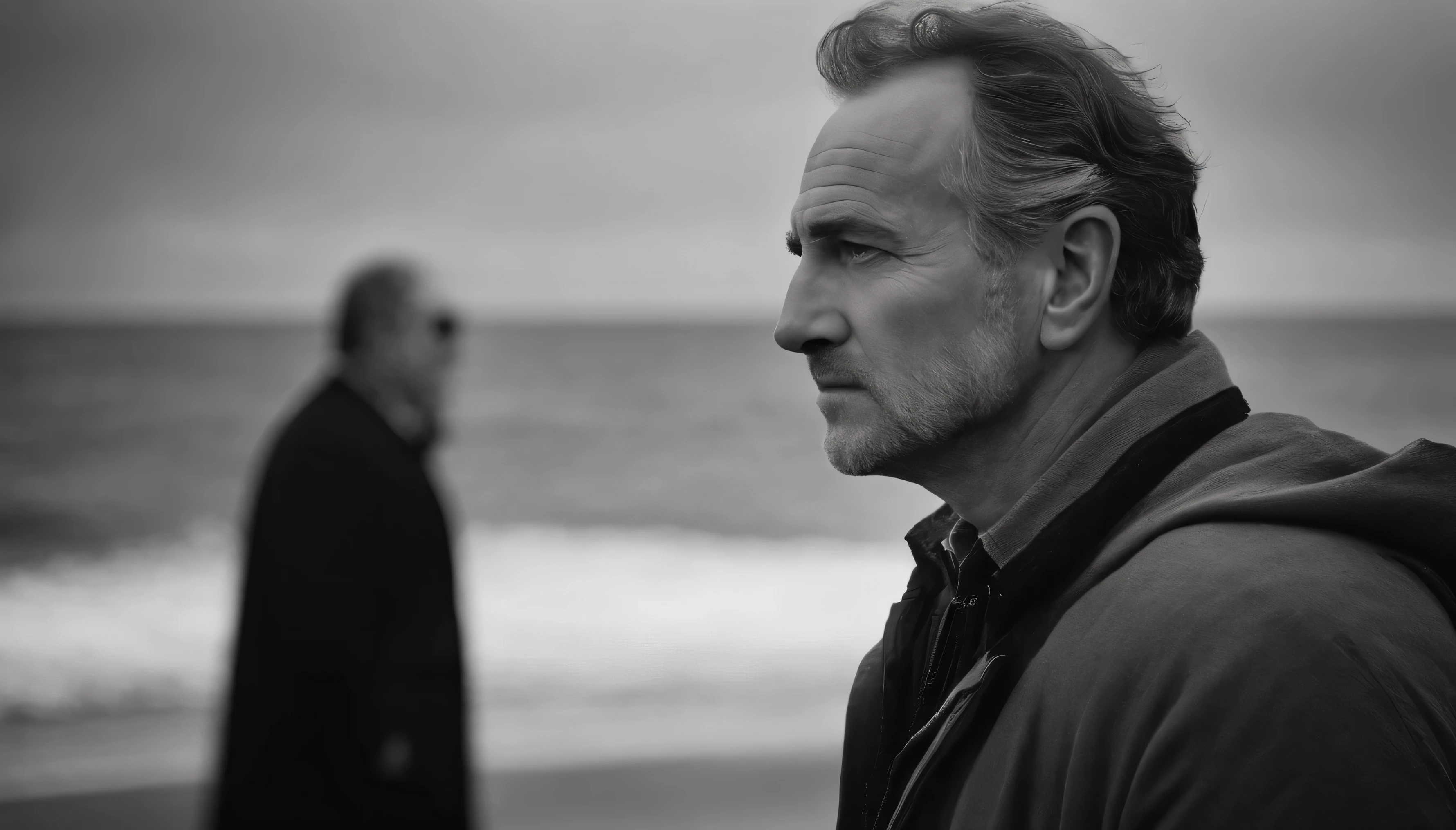 lonely emotional warm father figure, profile face, masculine, wise, worried, wide angle, black and white, photo realistic, fine details, beach overcast
