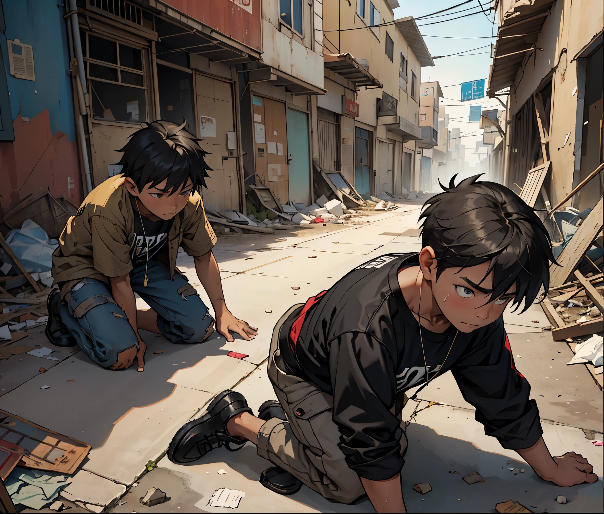 There is an 8--old abandoned in the streets, his clothes are dirty, he is hungry, he is kneeling on the floor of a poor city in ruins.