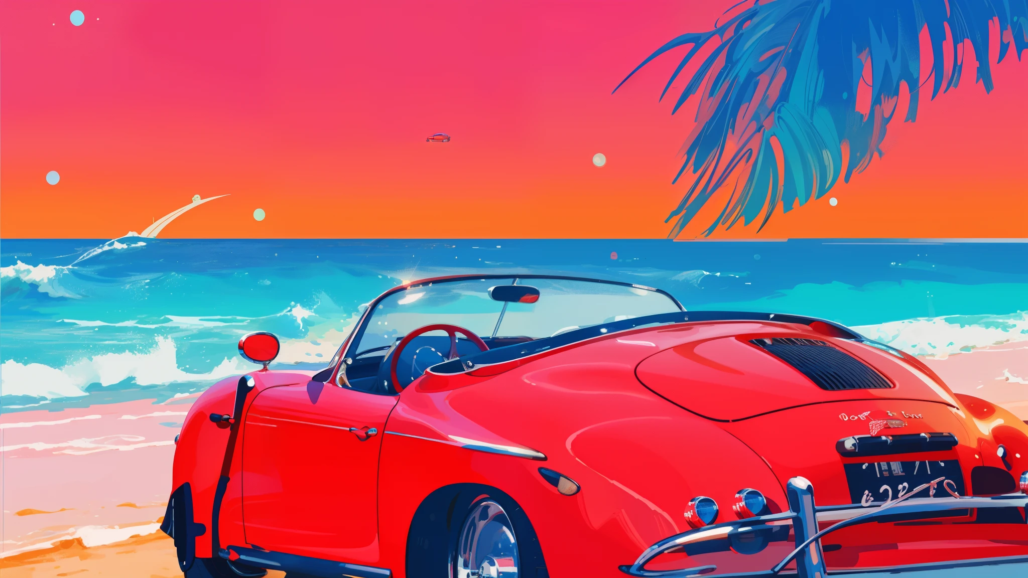Close-up of a red car parked on the beach near the sea, stylized digital figure, detailed digital figure, in style of digital figure, Porsche 356, laurent durieux, figure!, stylised figure, Inspired by Tim Doyle, art deco anime aesthetic, Craig Thompson, color figure, detailed vector art, Written by Brian Thomas