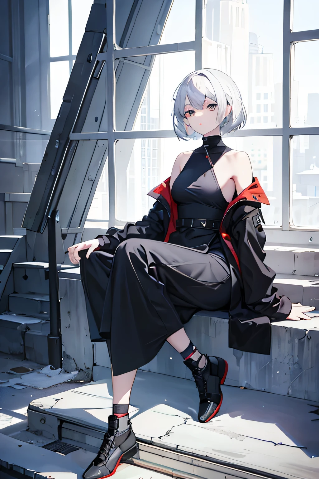 Leaning bag, whole body, absurd, mackerel, very detailed, 1 woman,boring_face, short_hair, white hair, gray eyes, 1 woman, masterpiece, best quality, side view