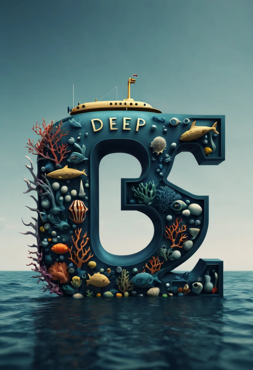 text as "deep sea", creative Font Design, typeface, spirit of sea, deep sea, letter-shaped submarine, txt says "deep-sea", best quality, masterpiece, Professional, 8k