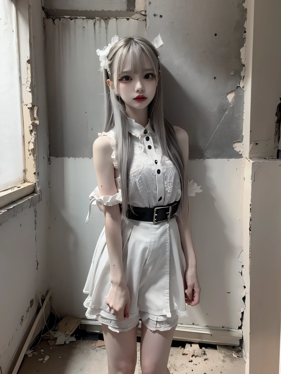 raw photo, 8k, (top-quality), Realistic, (real picture, Intricate details), (natural skin texture, detailed skin, hyper realism, sharpness), (Japanese  girl standing in an abandoned apartment building), ((jirai fashion with gray and white:1.6)), (pale skin:1.2), slender body, ((long straight hair, blunt bangs)), (seductive face, provocative look, Parted lips:1.3, eye shadow, eyeliner, tear bag, red lipstick), thigh, dusty room, cracked wall, Messy floor, Pile of rubble:1.3, spot lighting:1.3