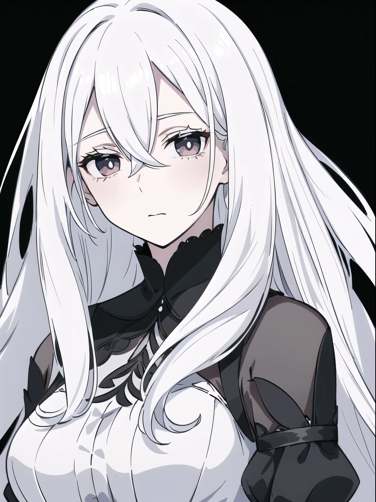 ((White hair)),((Head and Shoulders Image)),Sexy,A person,Alone,Simple style,pancake ,Simple details,Black background,Empty background,Black background wall,(20 year old woman),(Droopy hair),(White Gloves),(Evening Gown),(Lace Shirt),Lace,(confidence)