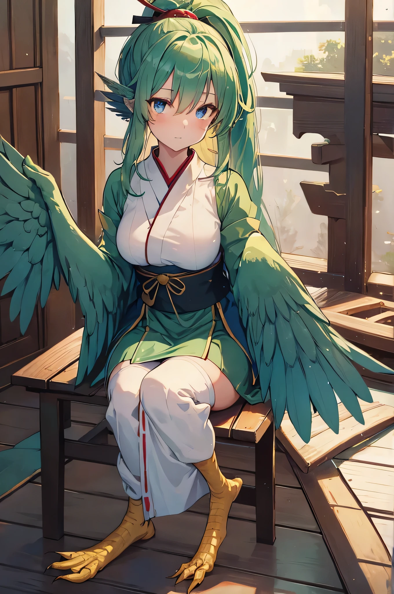 4k,High resolution,one woman,harpy,dark green hair,short ponytail,blue eyes,medium breasts,white wings,golden toenails,shrine maiden,shrine maiden服,medieval town