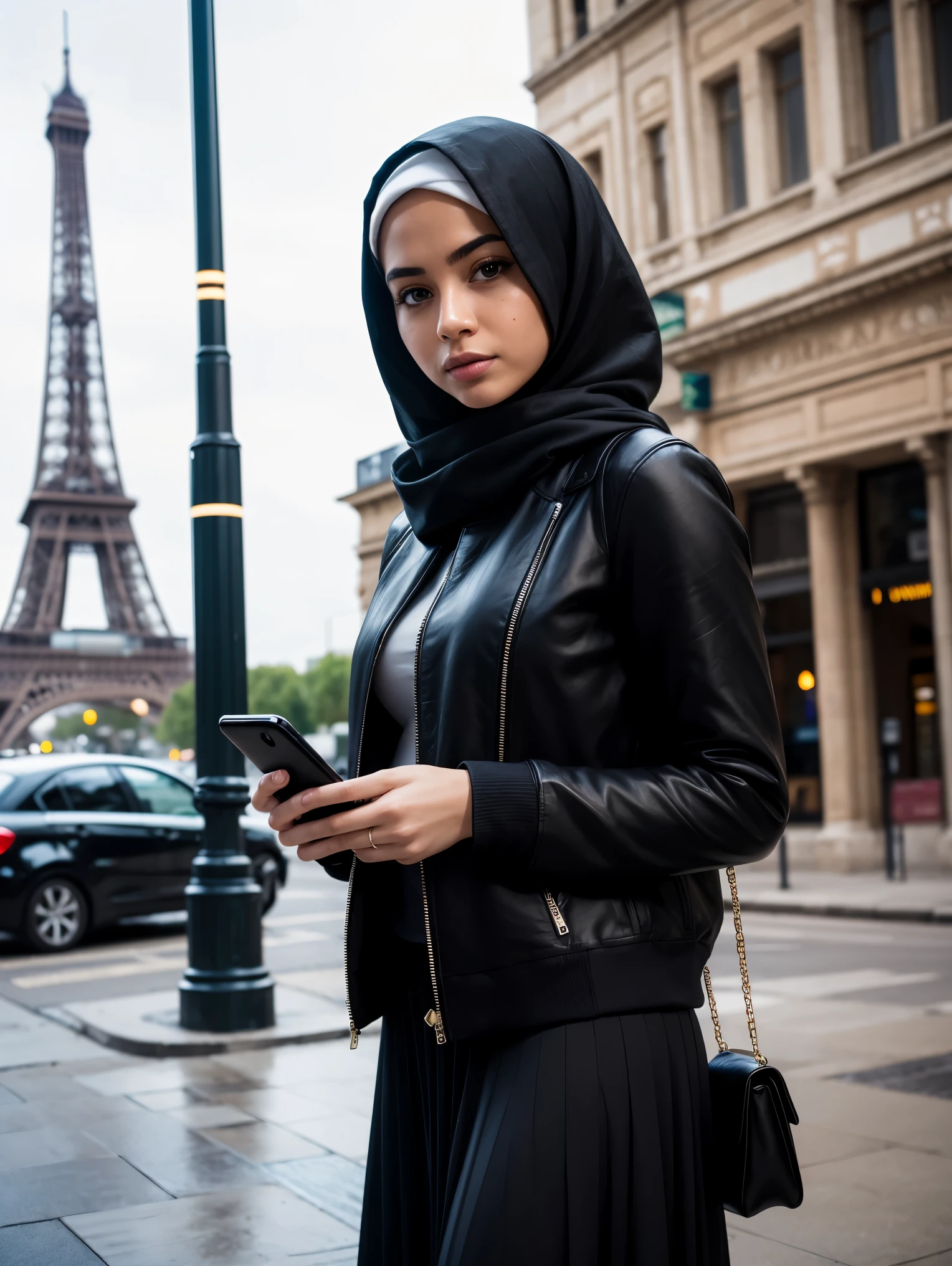Beautiful slim Caucasian girl aged 27 years, olive skin, sharp nose, thin lips, oval face, sharp girl, neat red burqa covering all her hair, wearing a white office shirt combined with a glamorous black jacket and long black skirt, holding a smartphone, seen from the front , full body, Eiffel Tower background, background looks so clear, street photography, realistic photos, 85mm lens, ultra HD, cinematic, very detailed, sharp focus