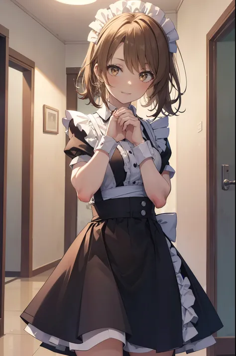 irohaisshiki, iroha isshiki, 長いhair,low ponytail, 薄い茶hair, (brown eyes:1.5), open your mouth,smile,skirtリフト, maid headドレス,cloth,...