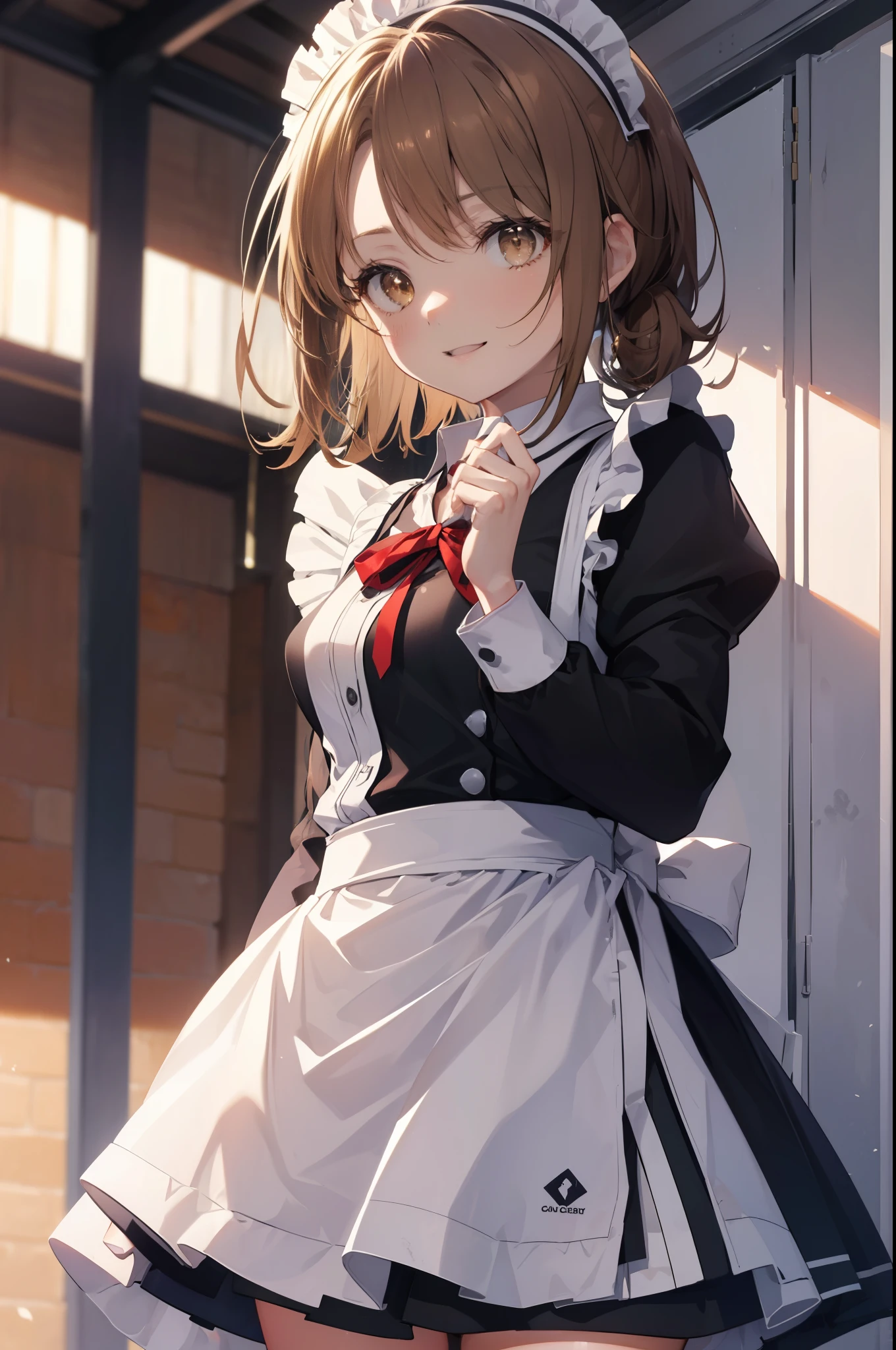 irohaisshiki, iroha isshiki, 長いhair,low ponytail, 薄い茶hair, (brown eyes:1.5), open your mouth,smile,skirtリフト, maid headドレス,cloth, hair, skirt, maid,He is threatening with his hands on his hips.,
break indoors, apartment living,
break looking at viewer, (cowboy shot:1. 5)、break (masterpiece:1.2), highest quality, High resolution, unity 8k wallpaper, (shape:0.8), (fine and beautiful eyes:1.6), highly detailed face, perfect lighting, Very detailed CG, (perfect hands, perfect anatomy),