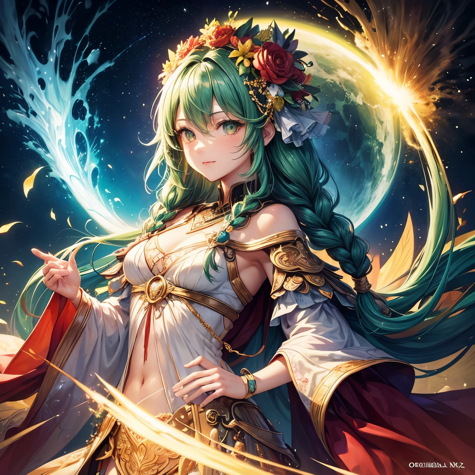 (masterpiece, top quality, best quality, official art, Beautiful and beautiful:1.2), (1 girl:1.3), (Fractal art:1.3), card, tarot cards, green hair, double braids, hair flower, (good lighting:1.1), ((high resolution)), Tarot card style