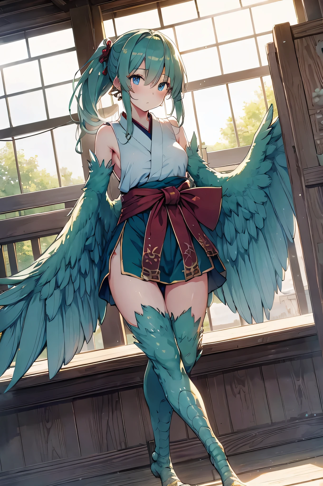 4k,High resolution,one woman,harpy,dark green hair,short ponytail,blue eyes,medium breasts,white wings,golden toenails,shrine maiden,shrine maiden服,medieval town