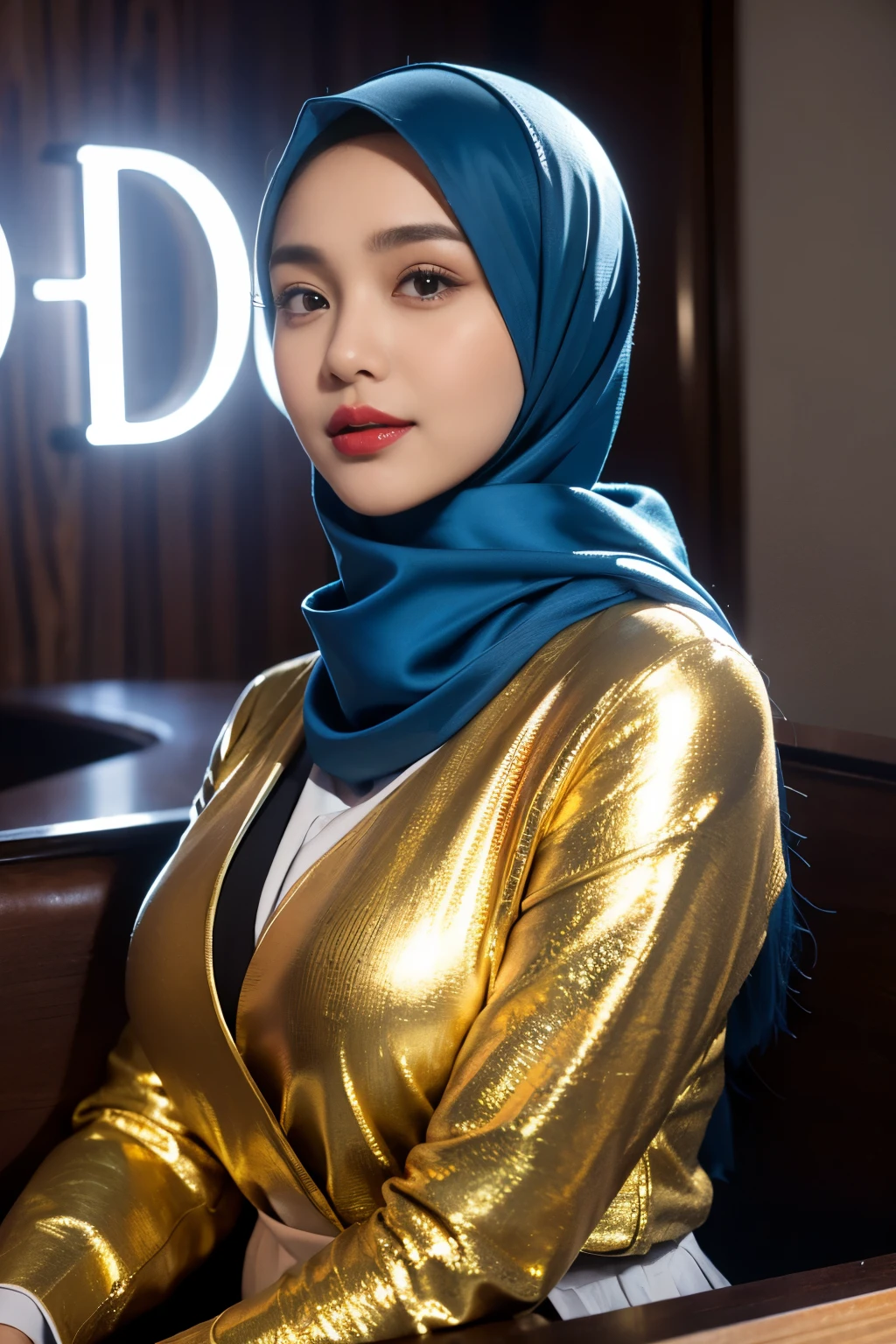 Half body portrait of a 33 years old malay woman sit in front of giant mirror, wearing hijab, wearing blue inner with satin gold slack, narrow waist, indoor shot, looking up at coffee shop sign, soft lighting, smirk face, circle bokeh , big breast, catwalk, morningtime, surrounded by a comfortable, cool atmosphere, looking at the viewer. (Skin details:1.3), hairy hands, Hijab, slim, red lips, seductive with bokeh camera background