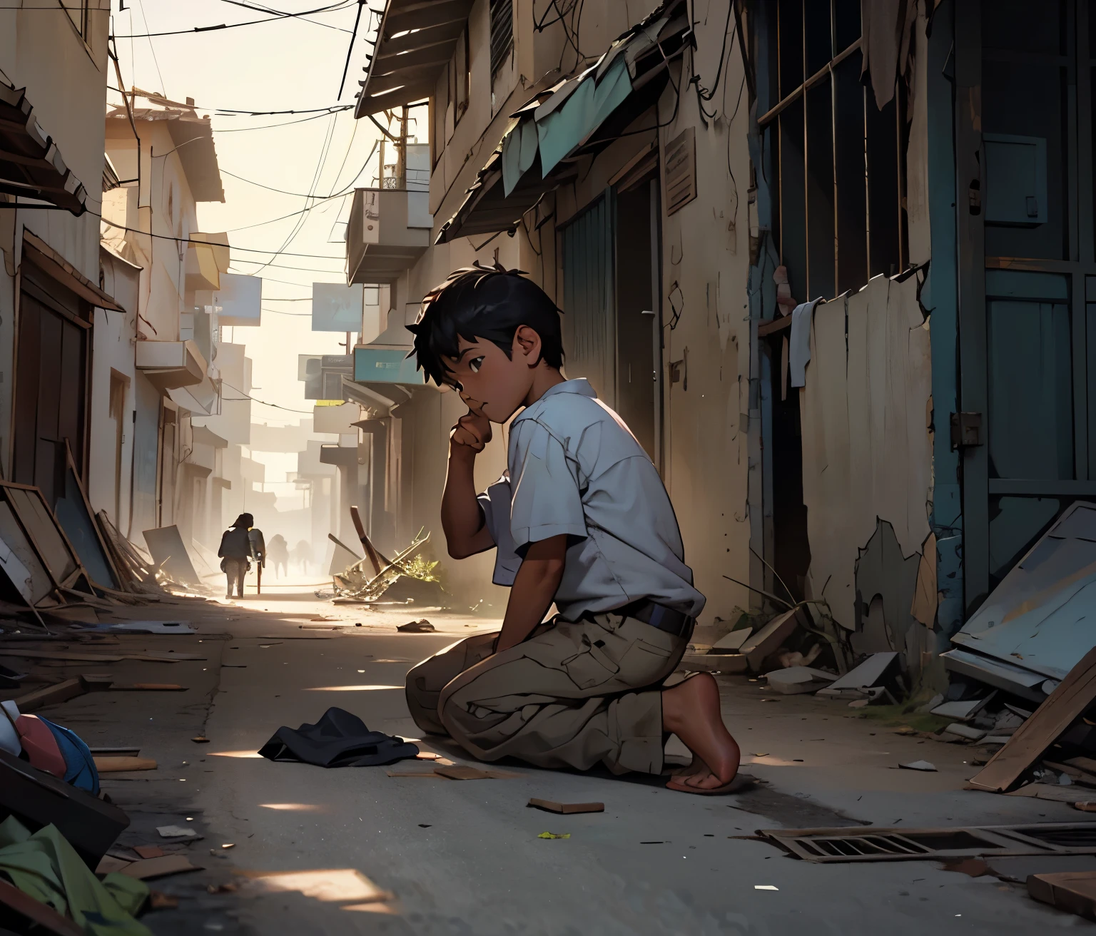 There is a 4-year-old boy abandoned in the streets. His clothes are dirty, he is hungry, he is kneeling on the floor of a poor city in ruins., camina perdido asustado
