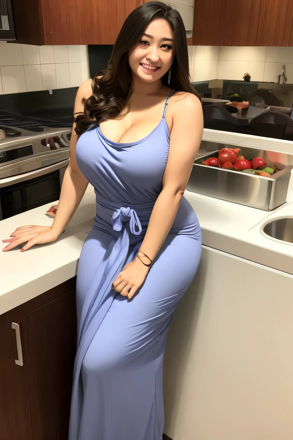 Beautiful, mother-in-law, japanese, voluptuous, strap maxi knit dress, In the kitchen, seductive expression, soft gaze