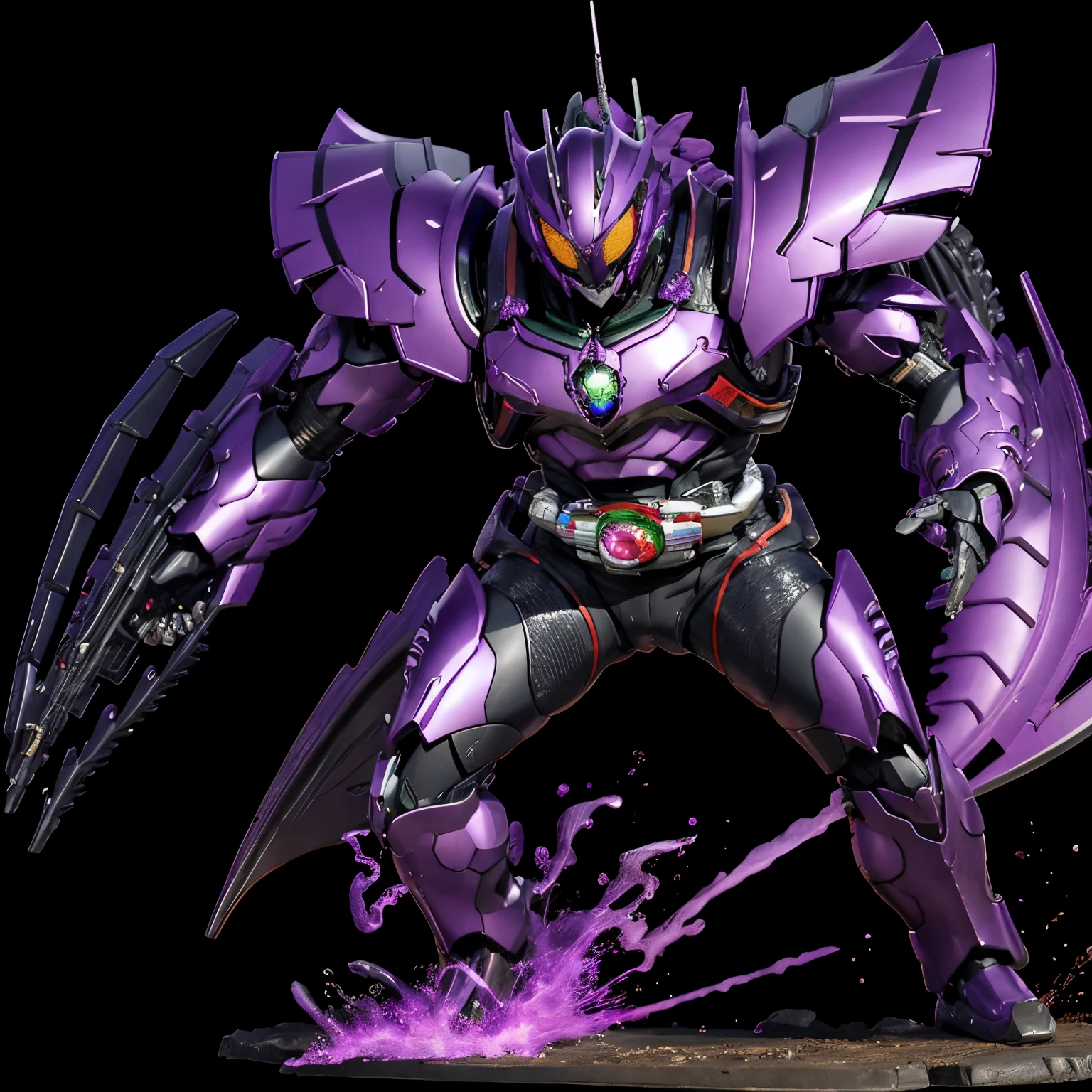 Kamen rider. Mecha. Dragon armor. Dark purple. Bulky. Muscular. Purple flames. 2D anime style. --niji 5