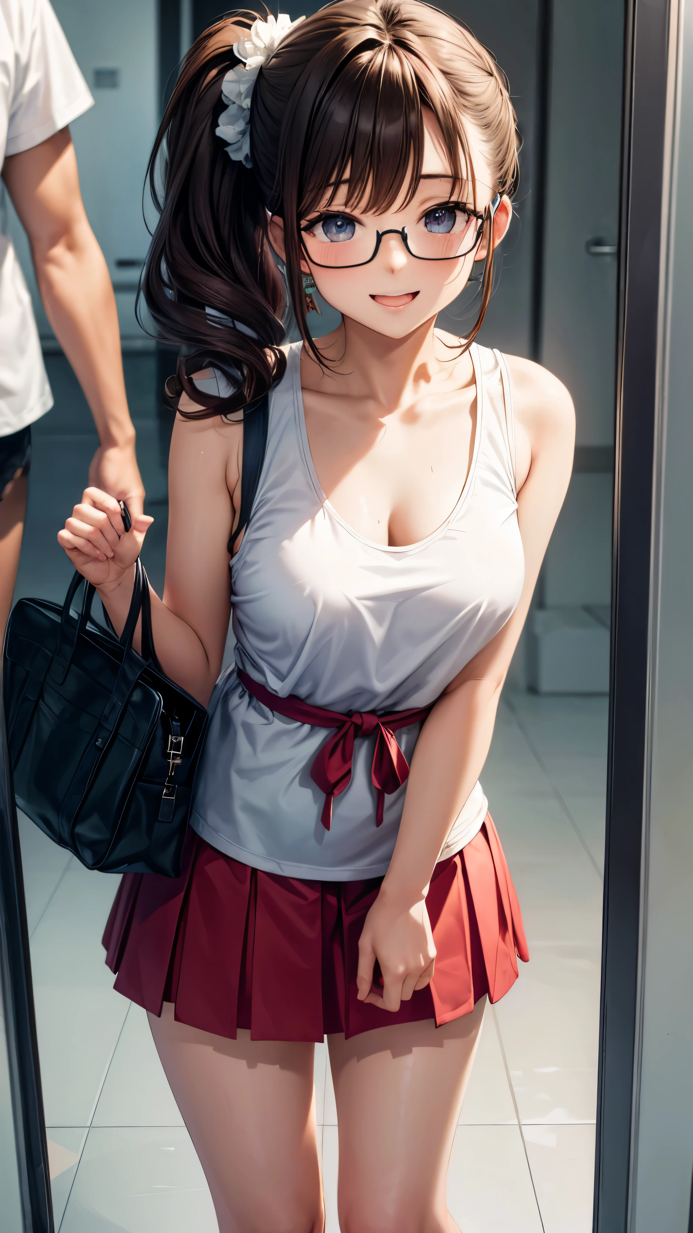 1 female,12 years old,brown hair,beautiful low ponytail hairstyle, (miniskirt and big white tank top, (double breasted,under bust:1),  natural smile,,frameless eyeglasses,(leaning forward)