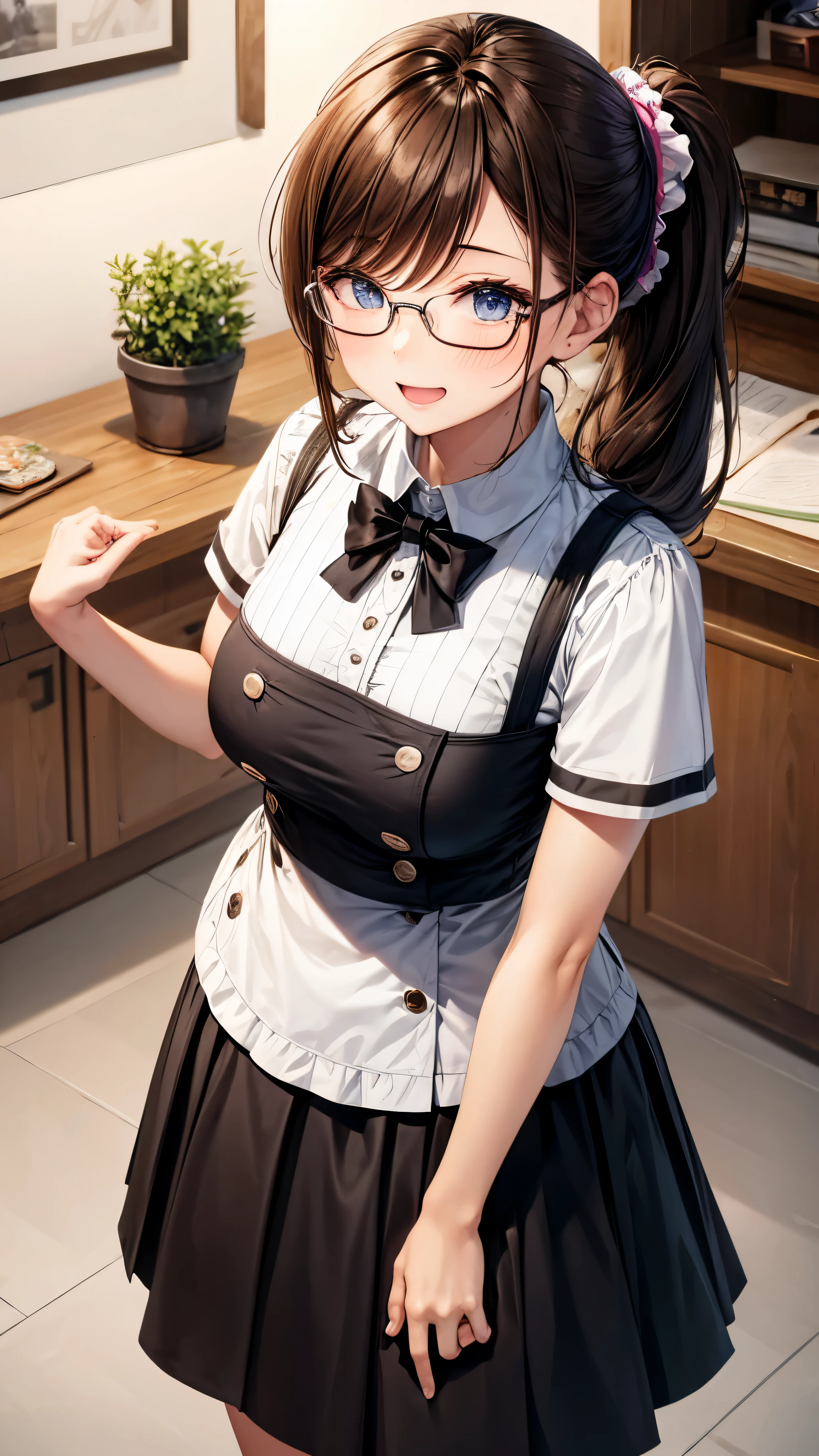 1 female,12 years old,brown hair,beautiful low ponytail hairstyle, (miniskirt and big white shirt, (double breasted,under bust:1.2), short sleeve, natural smile,,frameless eyeglasses,(leaning forward)