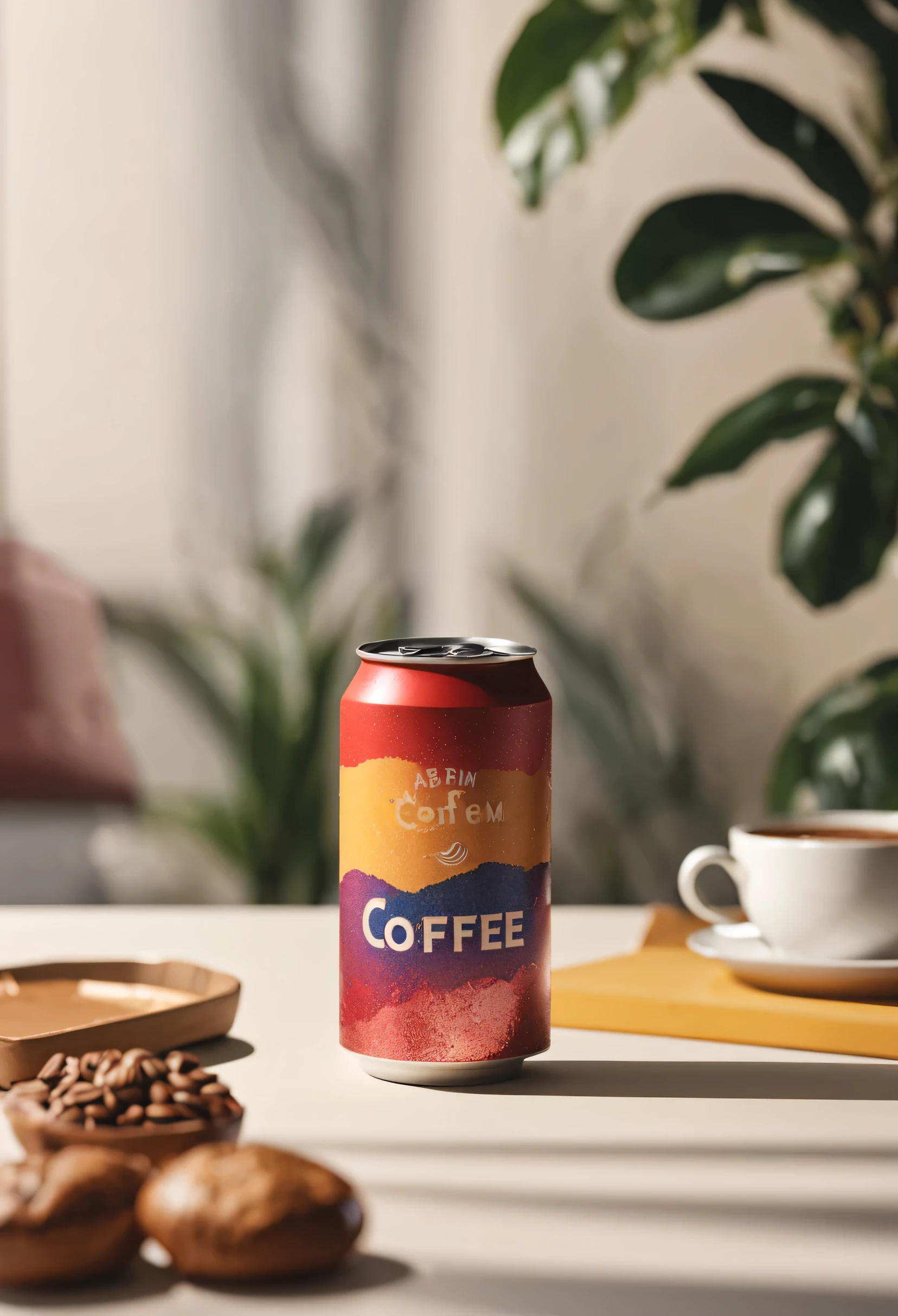 (8k, RAW photo, 最high quality, masterpiece:1.2), High-definition RAW color photo, Professional photo shoot, (((aluminum bottle can))), (Sharp features), ((缶coffeeのデザイン, coffee豆のイラストとロゴ"coffee")), ((logo design"coffee":1.1)), computer desk background, background bokeh, high quality, surreal, bright colors, ((very detailed, photo shoot)),Font Design,