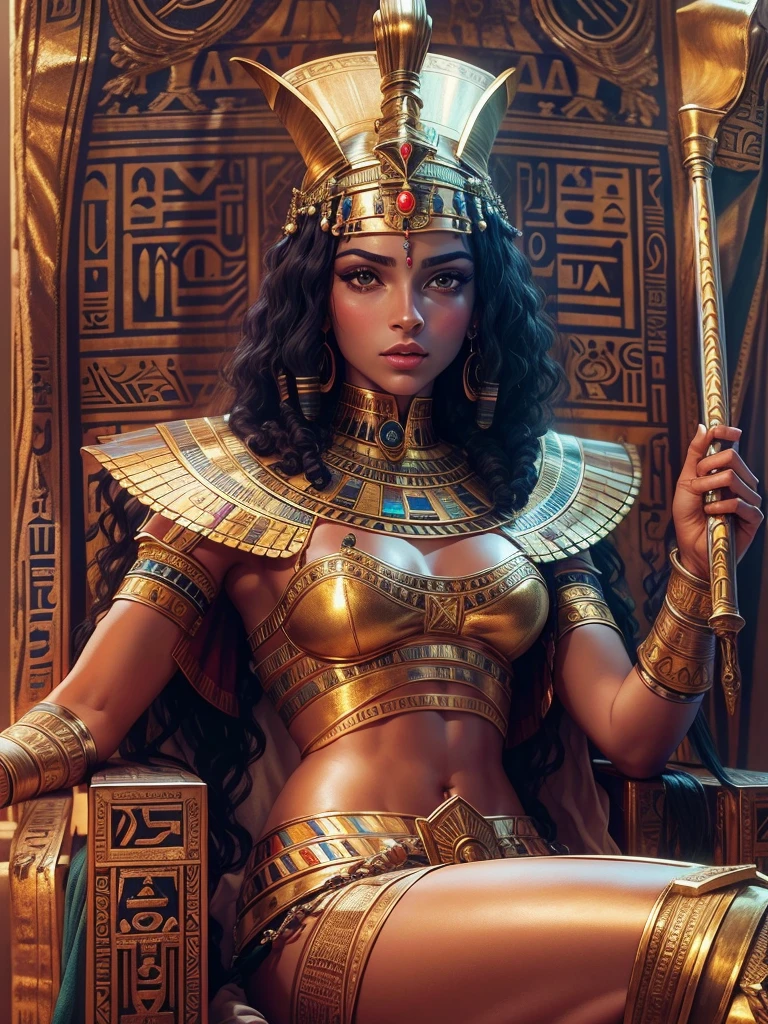 An Arafe woman wearing a costume holding a sword and sitting on a chair, beautiful cleopatra, Egyptian princess, cleopatra, Close shot of the goddess in the movie, Movie-like goddess body shots, cleopatra in her palace, beautiful goddess, beautiful fantasy empress, Egyptian style, ancient goddess, black emma watson as Egyptian, Queen of the Goddesses, movie goddess shot, Egyptian, beautiful leo goddess