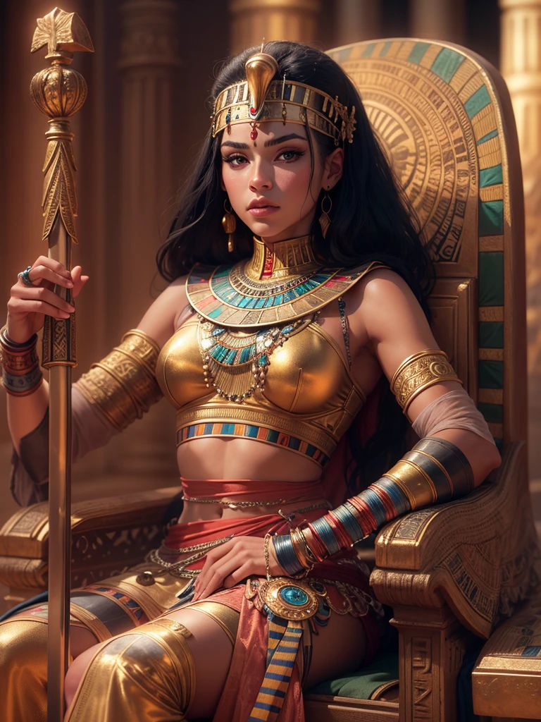 An Arafe woman wearing a costume holding a sword and sitting on a chair, beautiful cleopatra, Egyptian princess, cleopatra, Close shot of the goddess in the movie, Movie-like goddess body shots, cleopatra in her palace, beautiful goddess, beautiful fantasy empress, Egyptian style, ancient goddess, black emma watson as Egyptian, Queen of the Goddesses, movie goddess shot, Egyptian, beautiful leo goddess
