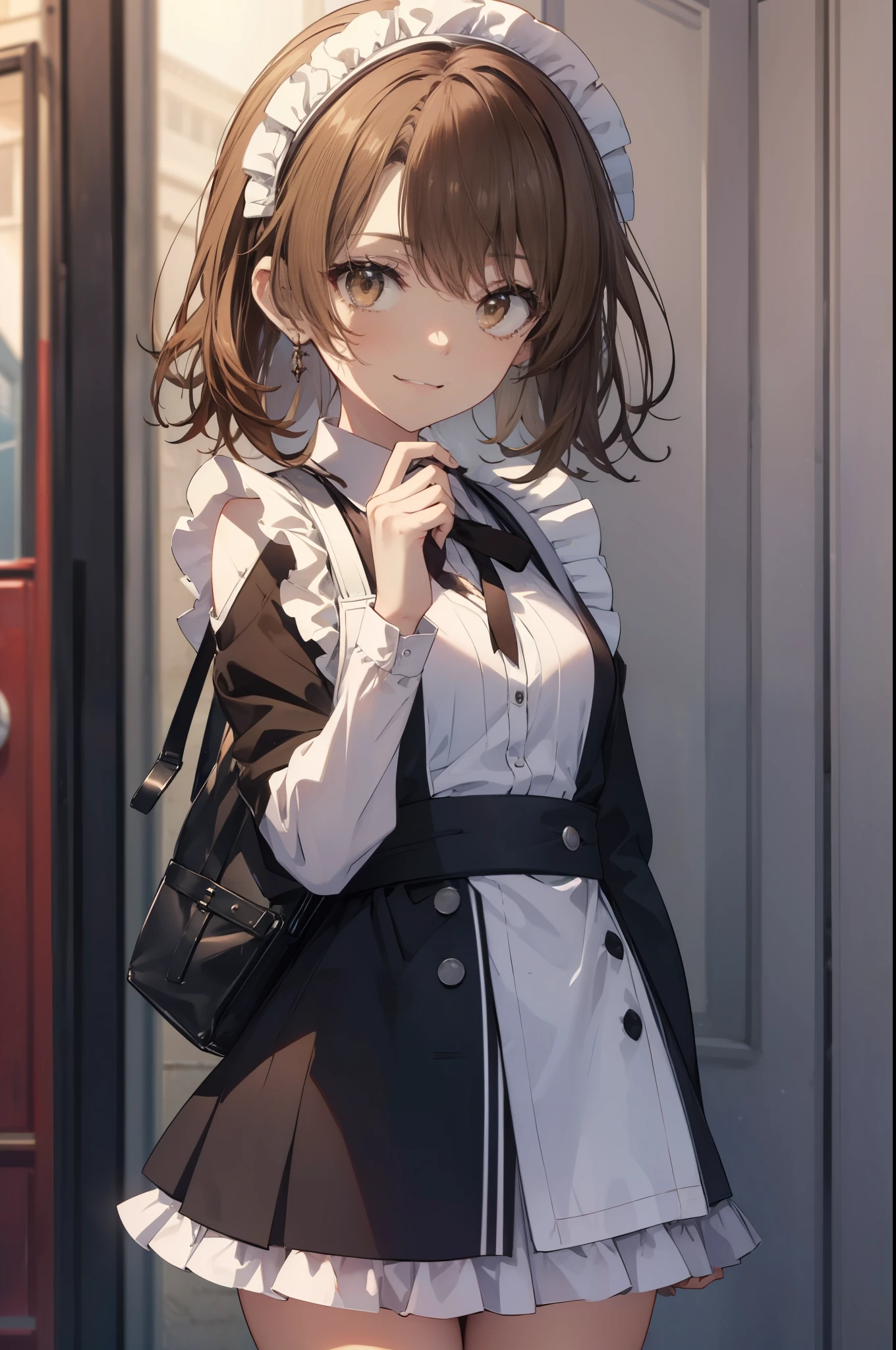 irohaisshiki, iroha isshiki, 長いhair,low ponytail, 薄い茶hair, (brown eyes:1.5), open your mouth,smile,skirtリフト, maid headドレス,cloth, hair, skirt,  maid,He is threatening with his hands on his hips.,
break indoors, apartment living,
break looking at viewer, (cowboy shot:1. 5)、break (masterpiece:1.2), highest quality, High resolution, unity 8k wallpaper, (shape:0.8), (fine and beautiful eyes:1.6), highly detailed face, perfect lighting, Very detailed CG, (perfect hands, perfect anatomy),